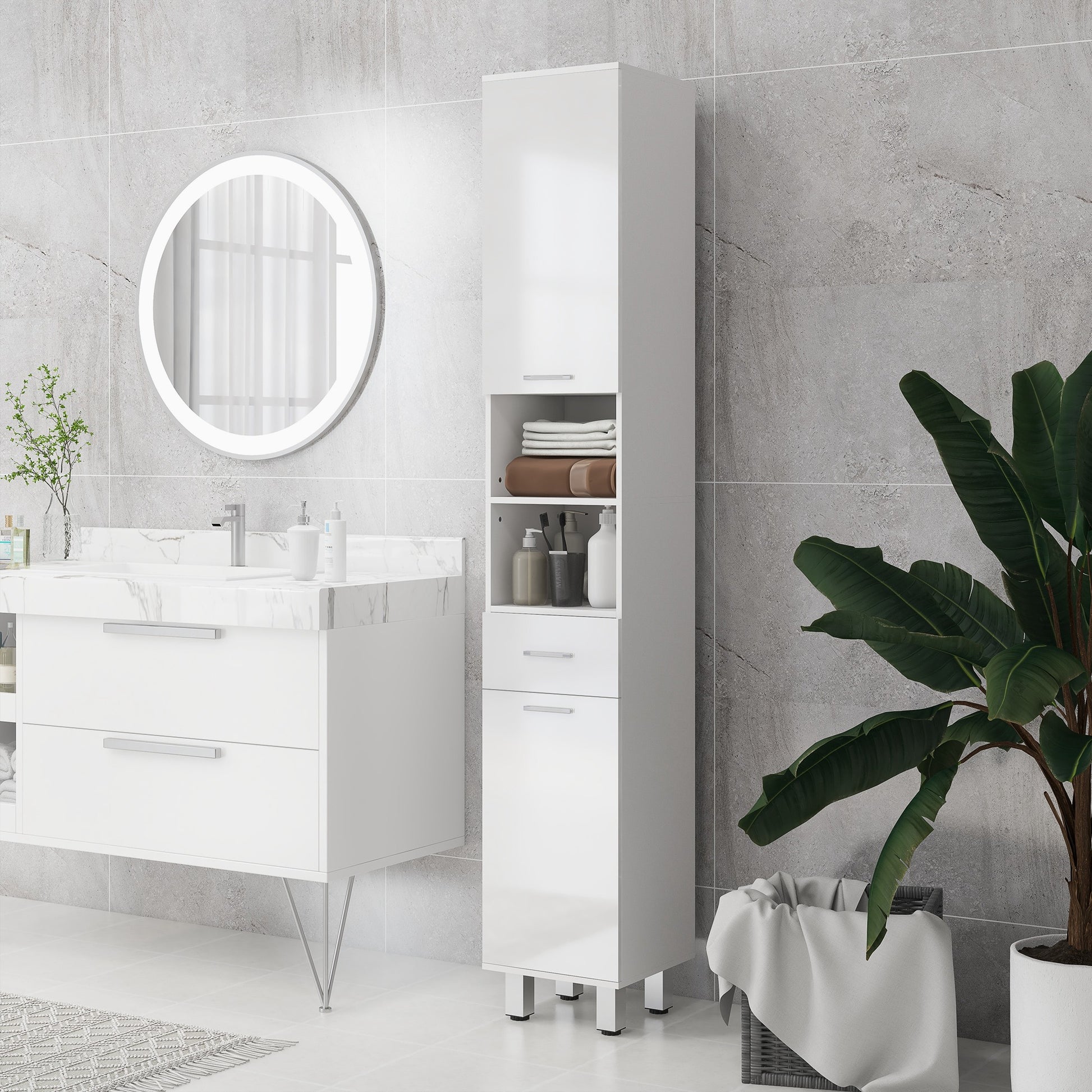 71" Tall Bathroom Storage Cabinet, Narrow Linen Tower with Drawer, Open Shelves, 2 Doors Cabinets and Adjustable Shelves, High Gloss White