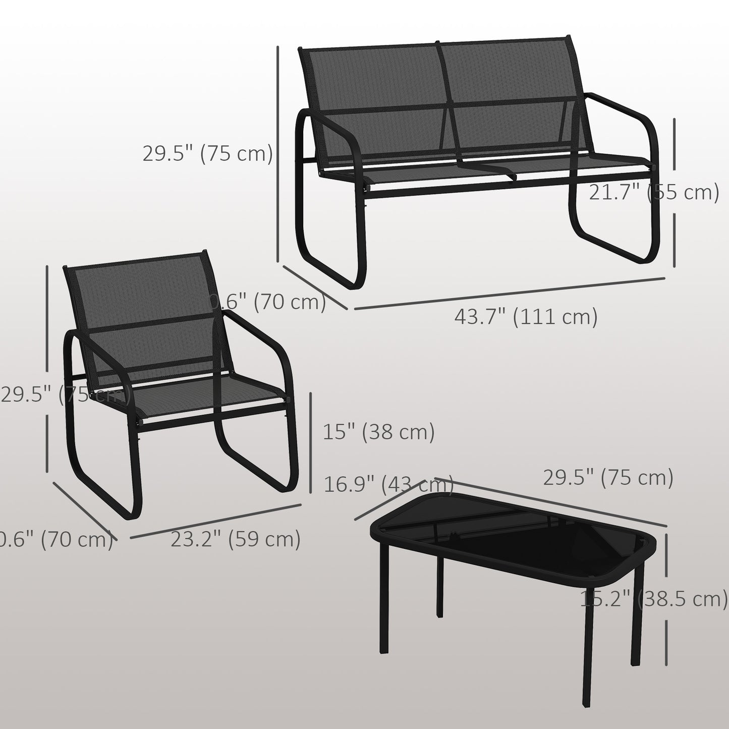 5-Piece Patio Furniture Set, Outdoor Conversation Set with 2 Loveseats, 2 Armchairs, Glass-Top Table, Black