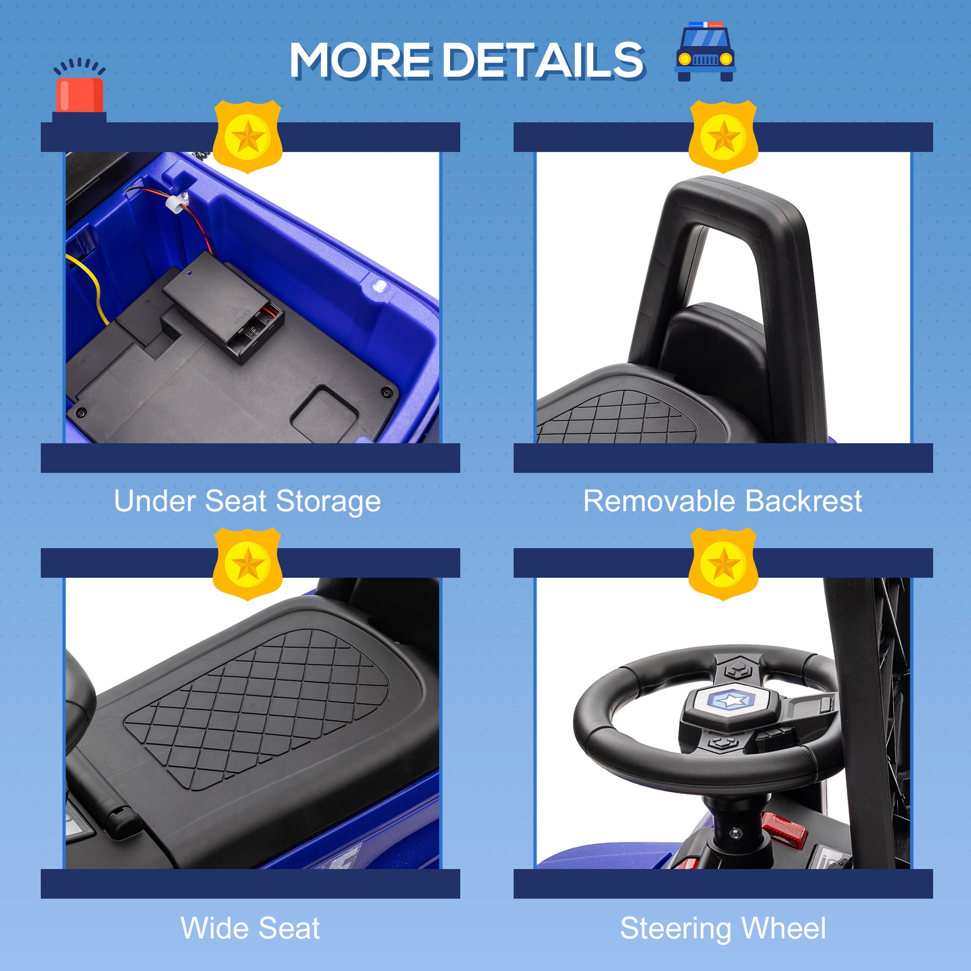 Aosom Kids Ride On Sliding Car with Hidden Under Seat Storage, Ride On Police Car for Toddler with Megaphone, Anti Dumping Device, Removable Backrest, Foot-to-Floor Design, Blue