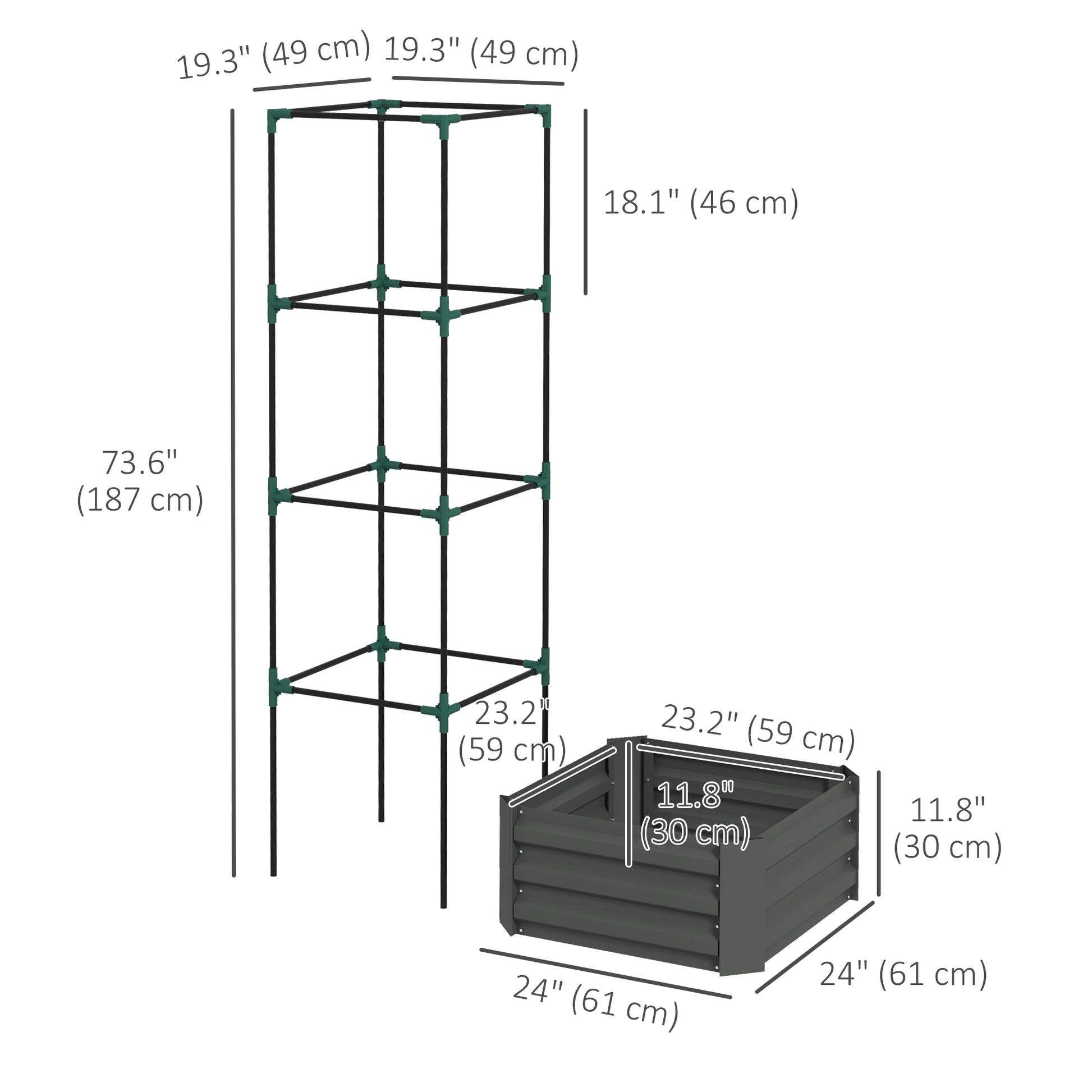 Galvanized Planter Box, Outdoor Raised Garden Bed with 4-Tier Trellis Tomato Cage for Climbing Vines, Vegetables, Grey