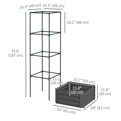 Galvanized Planter Box, Outdoor Raised Garden Bed with 4-Tier Trellis Tomato Cage for Climbing Vines, Vegetables, Grey