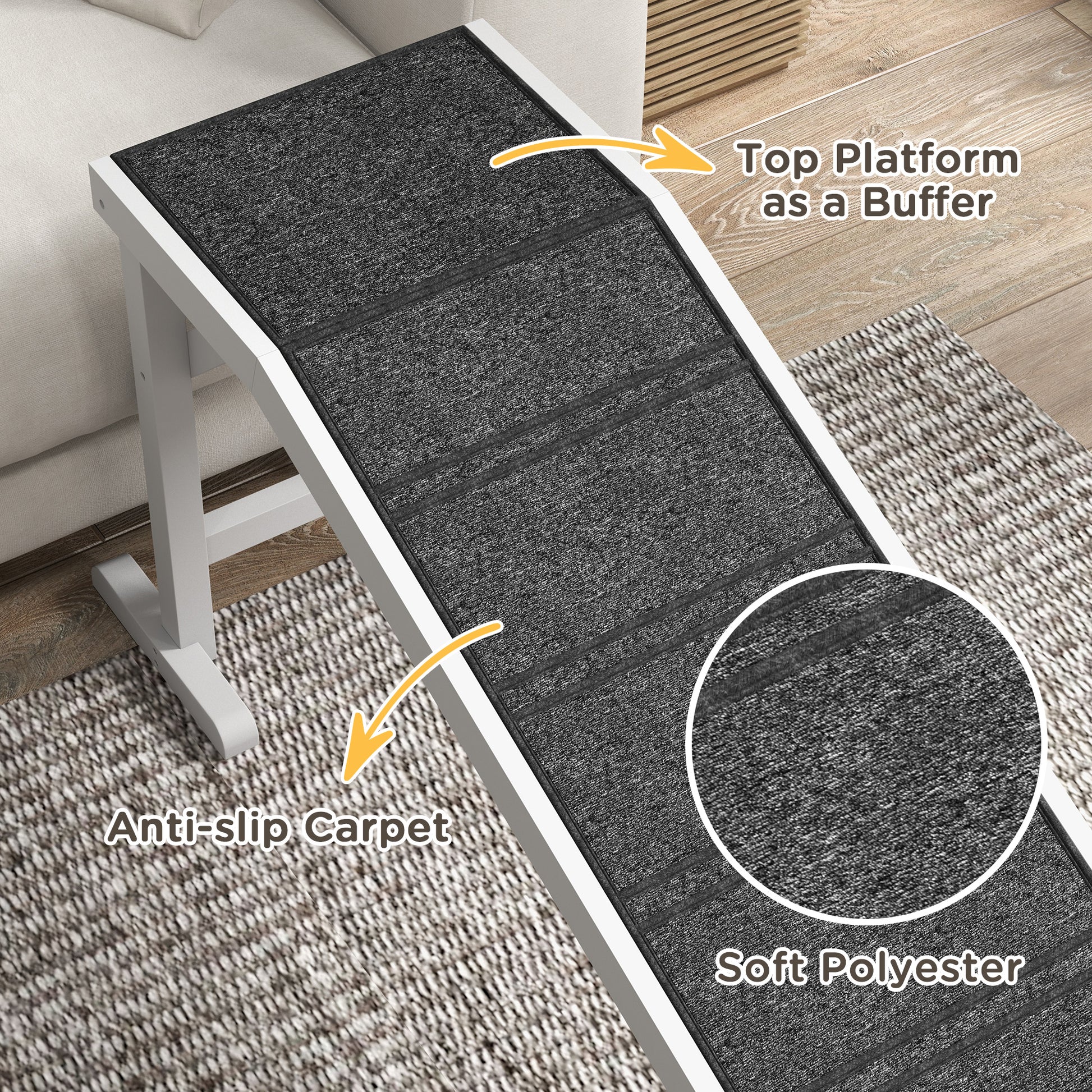 Pet Ramp, Dog Bed Steps with Non-slip Carpet, Top Platform, 74" x 16" x 25", White