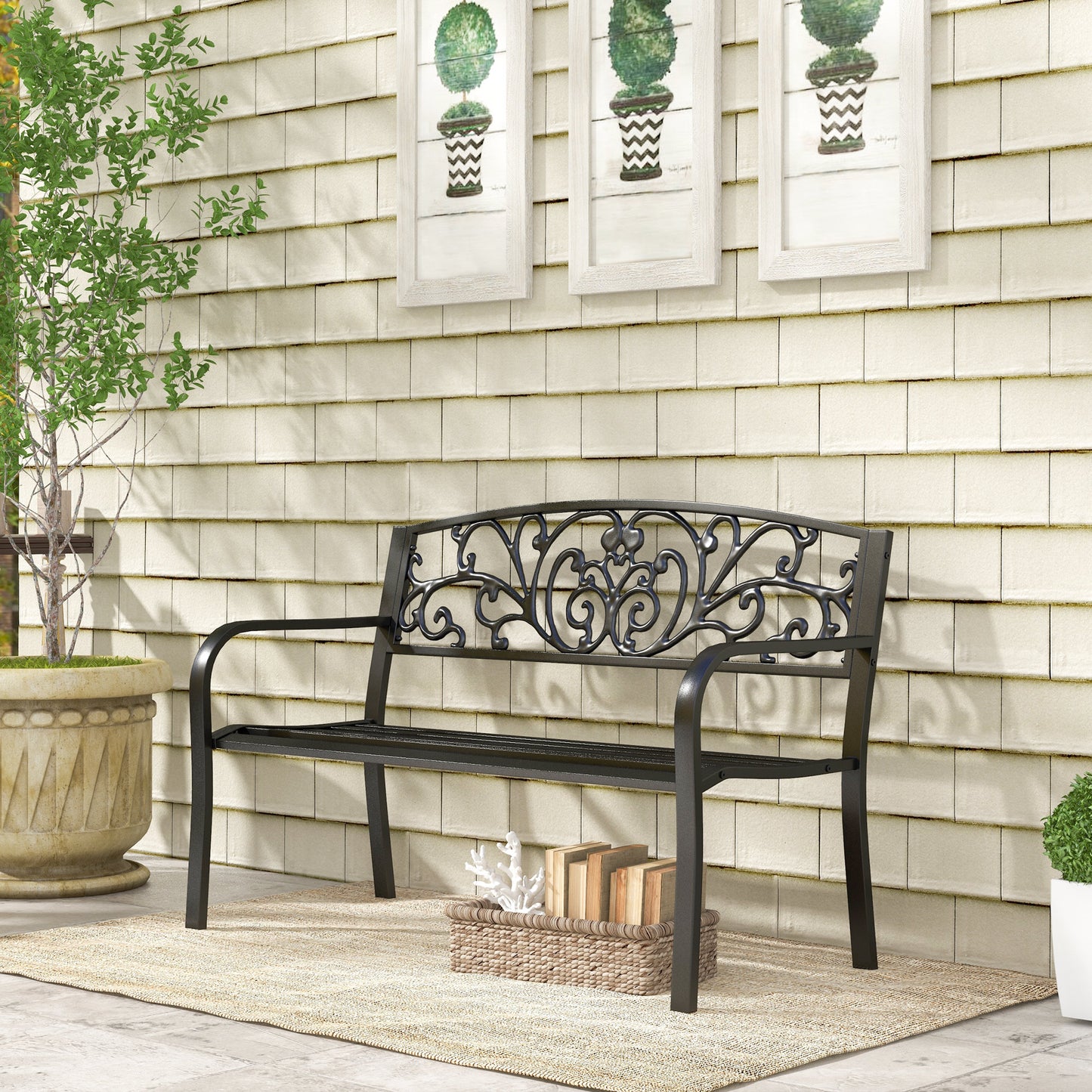 50" 2-Seater Garden Bench Chair, Outdoor Blossoming Pattern Garden Decorative Loveseat Bench for Yard, Lawn, Porch, Black