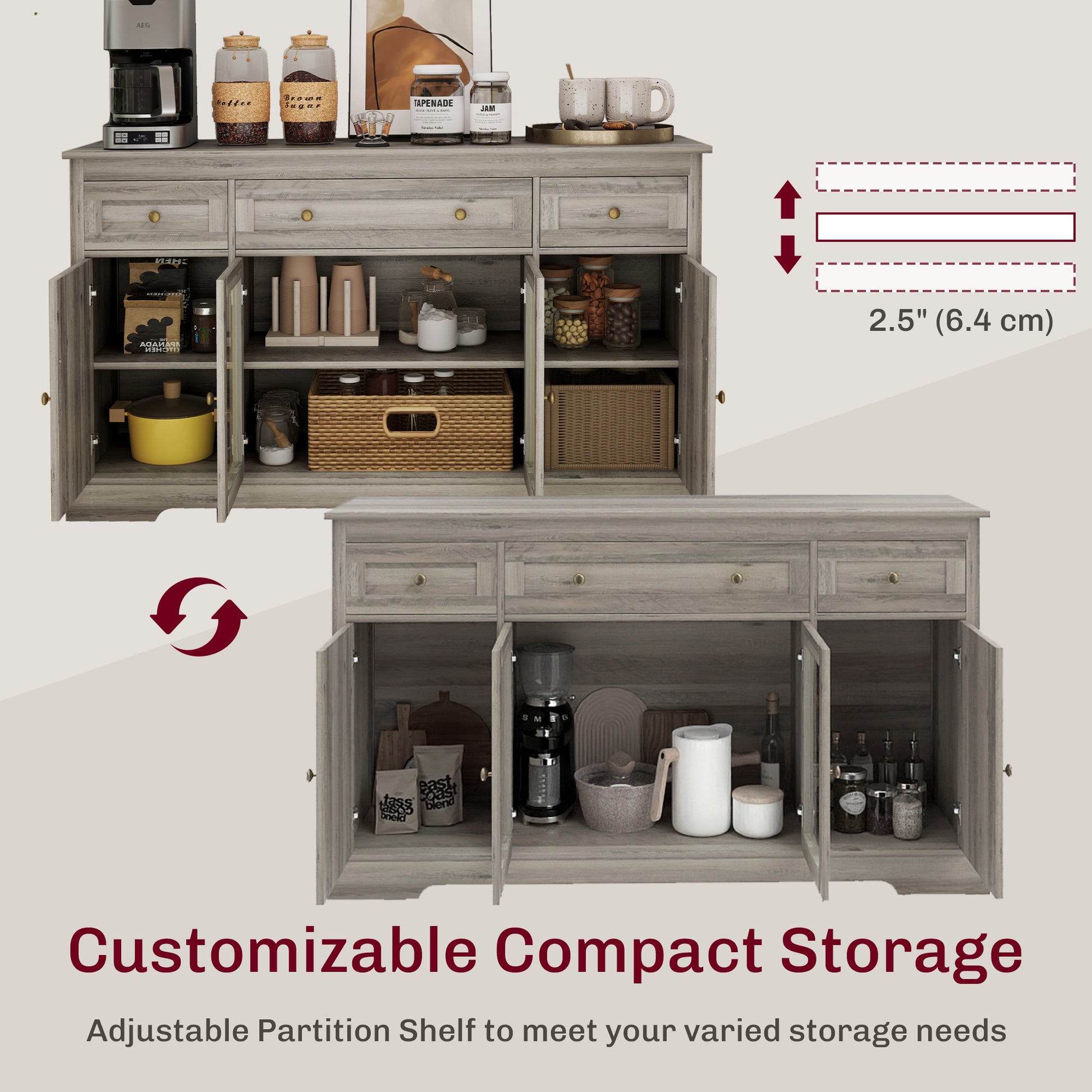 Dining Room Sideboard Buffet Cabinet with Storage, Coffee Bar Cabinet with Glass Doors and Adjustable Shelves, Weathered Grey Oak