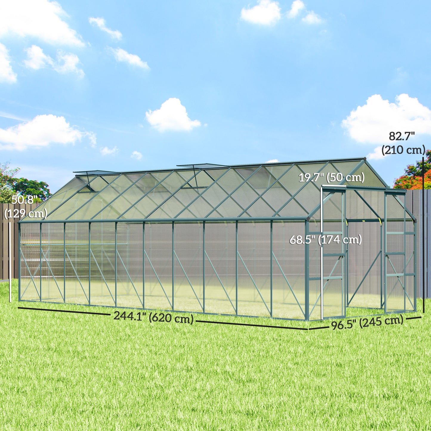 Aluminum Greenhouse Polycarbonate Walk-in Garden Greenhouse with Sliding Door, 20' x 8', Green