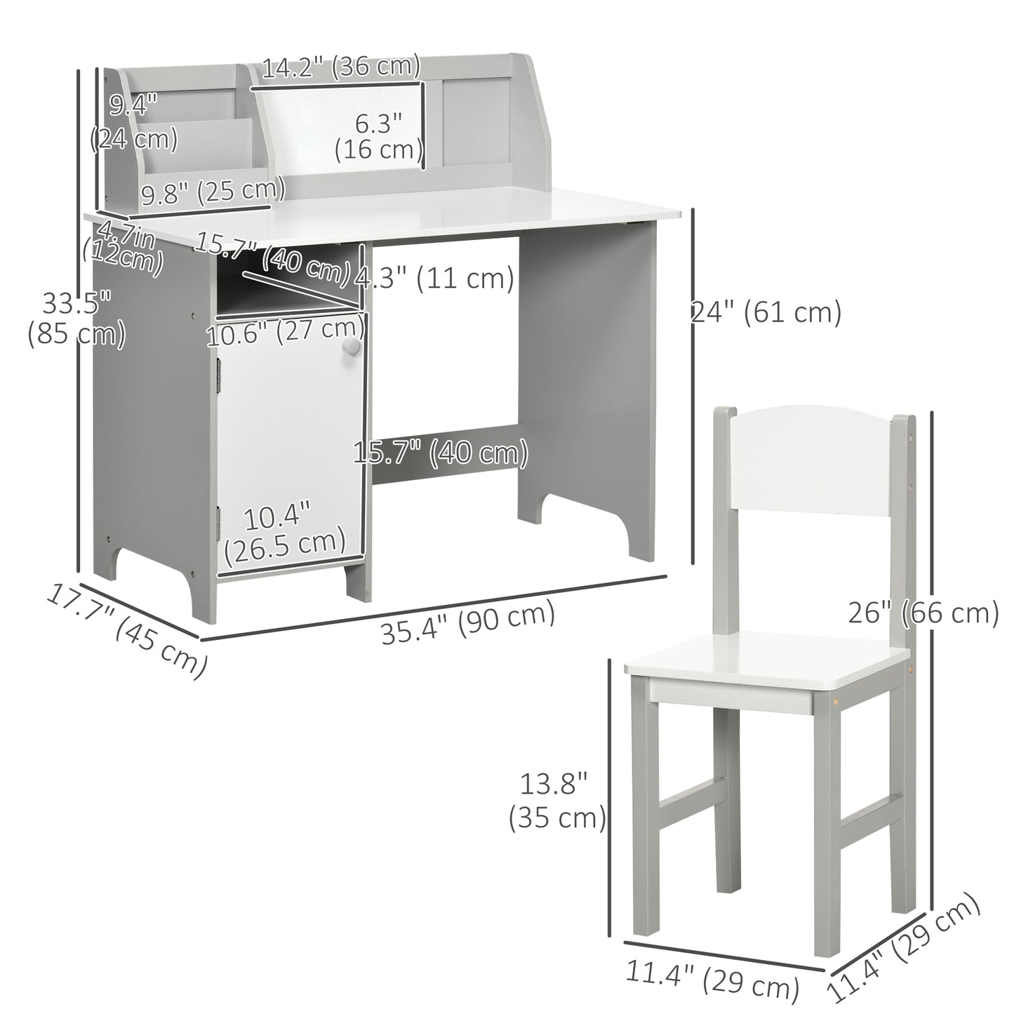 Qaba 2Pcs Kids Desk and Chair Set with Whiteboard, Storage, Shelves, Grey