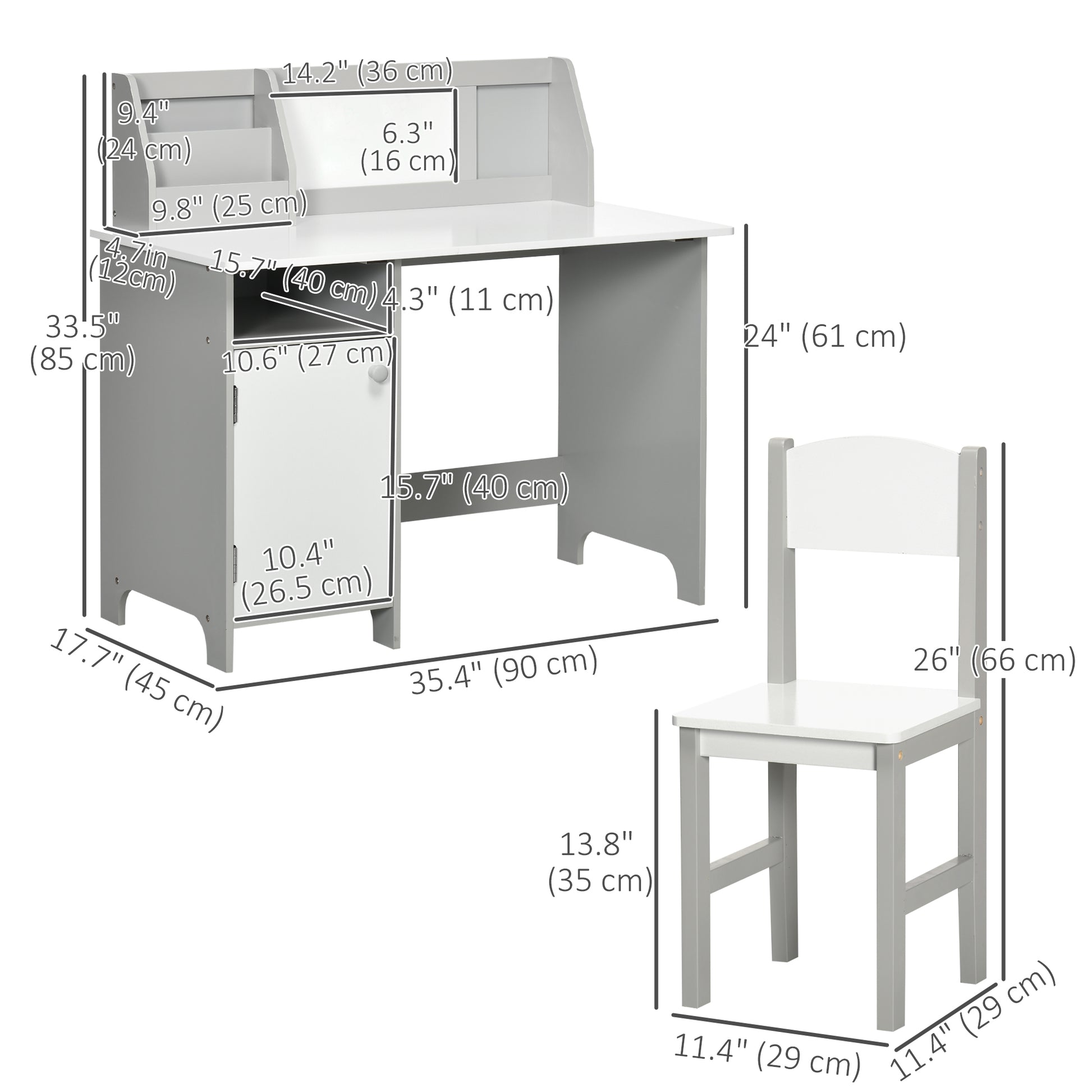 Qaba 2Pcs Kids Desk and Chair Set with Whiteboard, Storage, Shelves, Grey