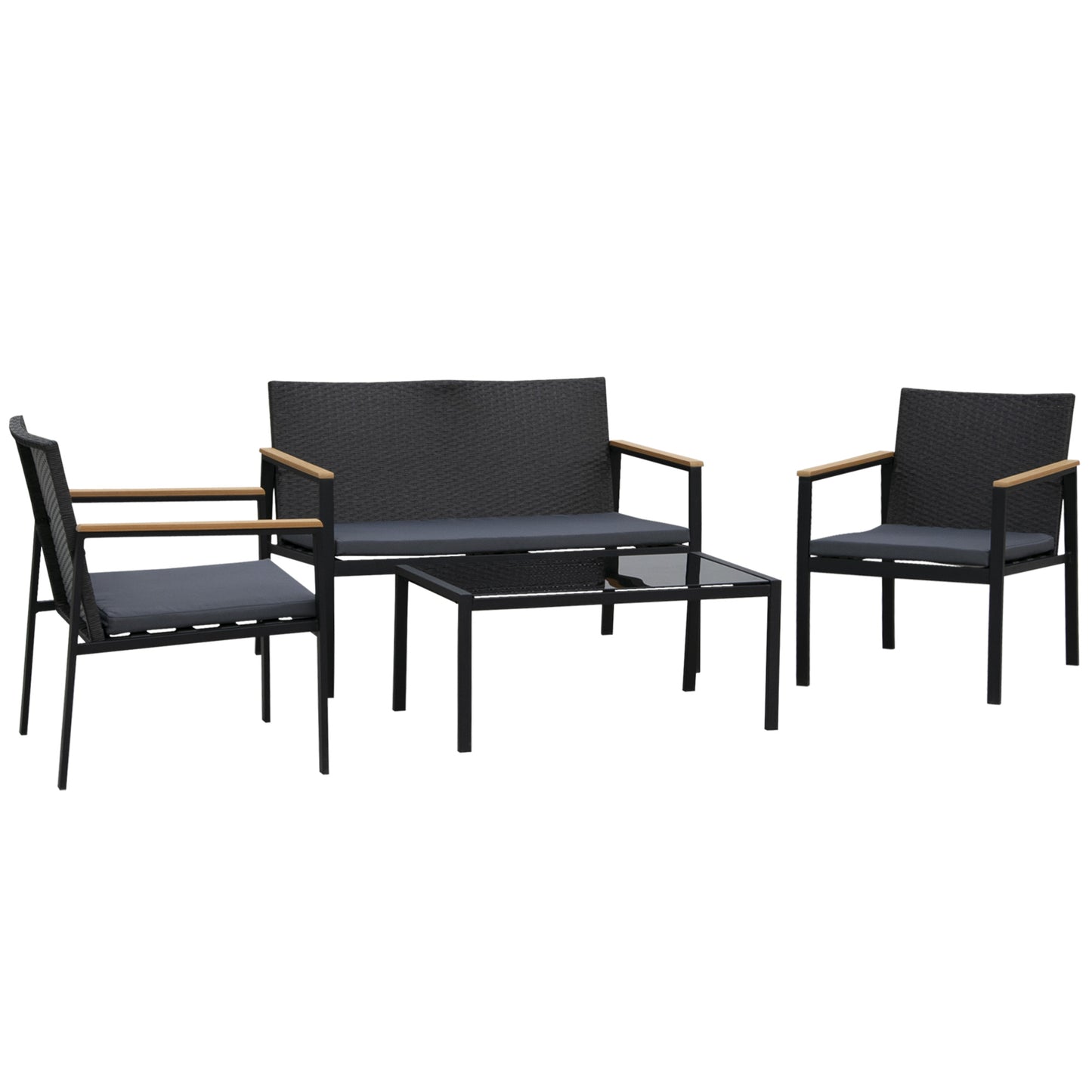 4 Pieces Wicker Patio Furniture Set with Cushions, Outdoor Rattan PE Rattan Conversation Set, Chairs and Loveseat with PS Board Armrests Decoration, Glass Top Table, Black