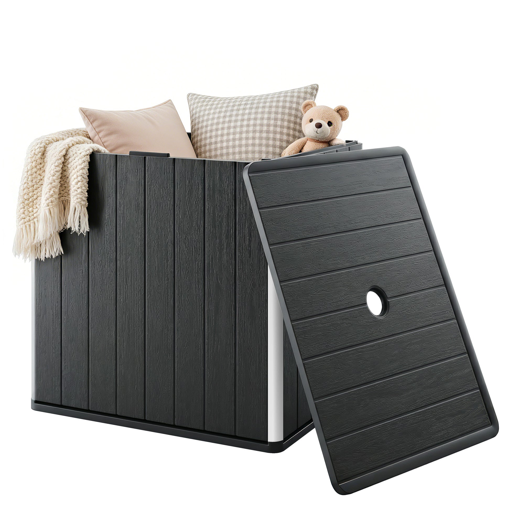 30 Gallon Storage Box, Outdoor Side Table with Umbrella Holder, Black