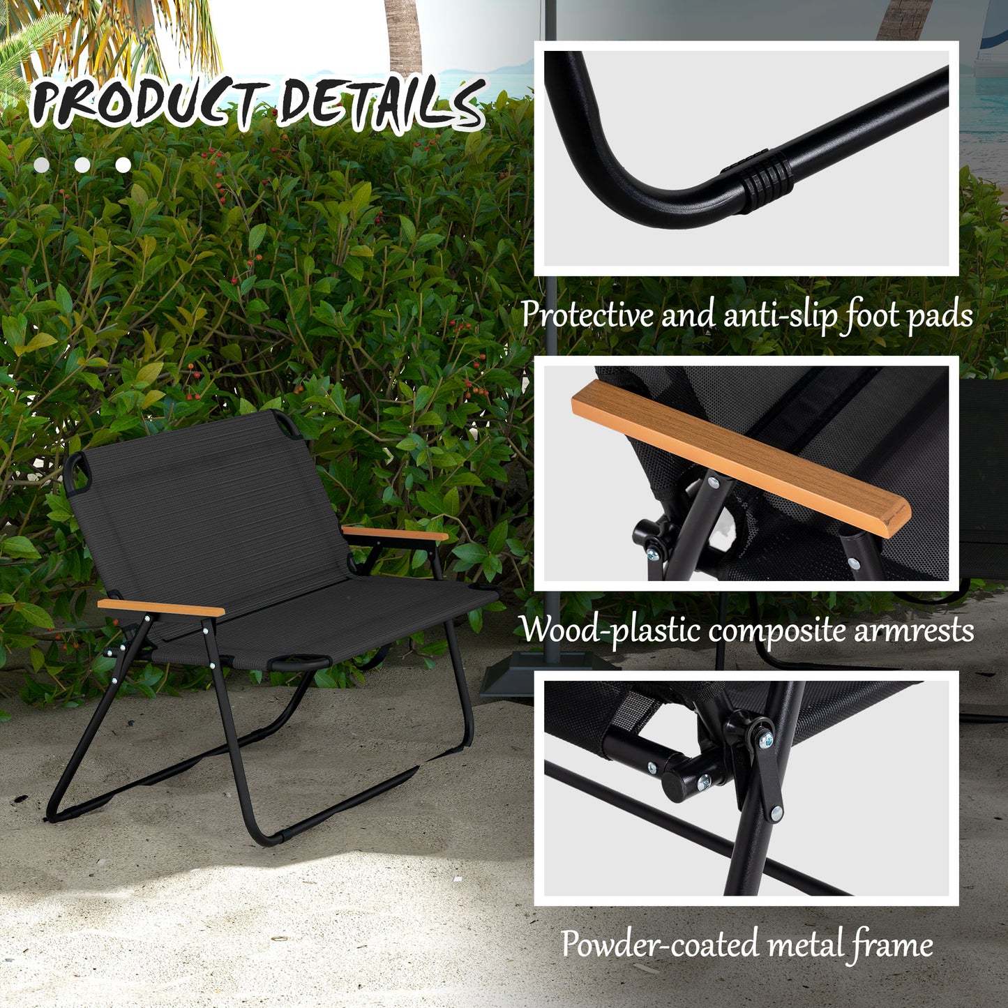 2-Seat Folding Patio Bench Camping Chair, Sports Chair with Armrest, Mesh Fabric Seat for Lawn, Black