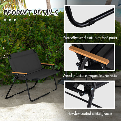 2-Seat Folding Patio Bench Camping Chair, Sports Chair with Armrest, Mesh Fabric Seat for Lawn, Black