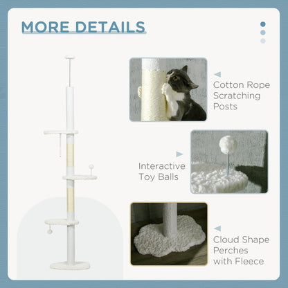 88.5"-100.5" Floor to Ceiling Cat Tree, Cat Tower with Scratching Posts, Cloud Shaped Platforms, Dangling Balls, White