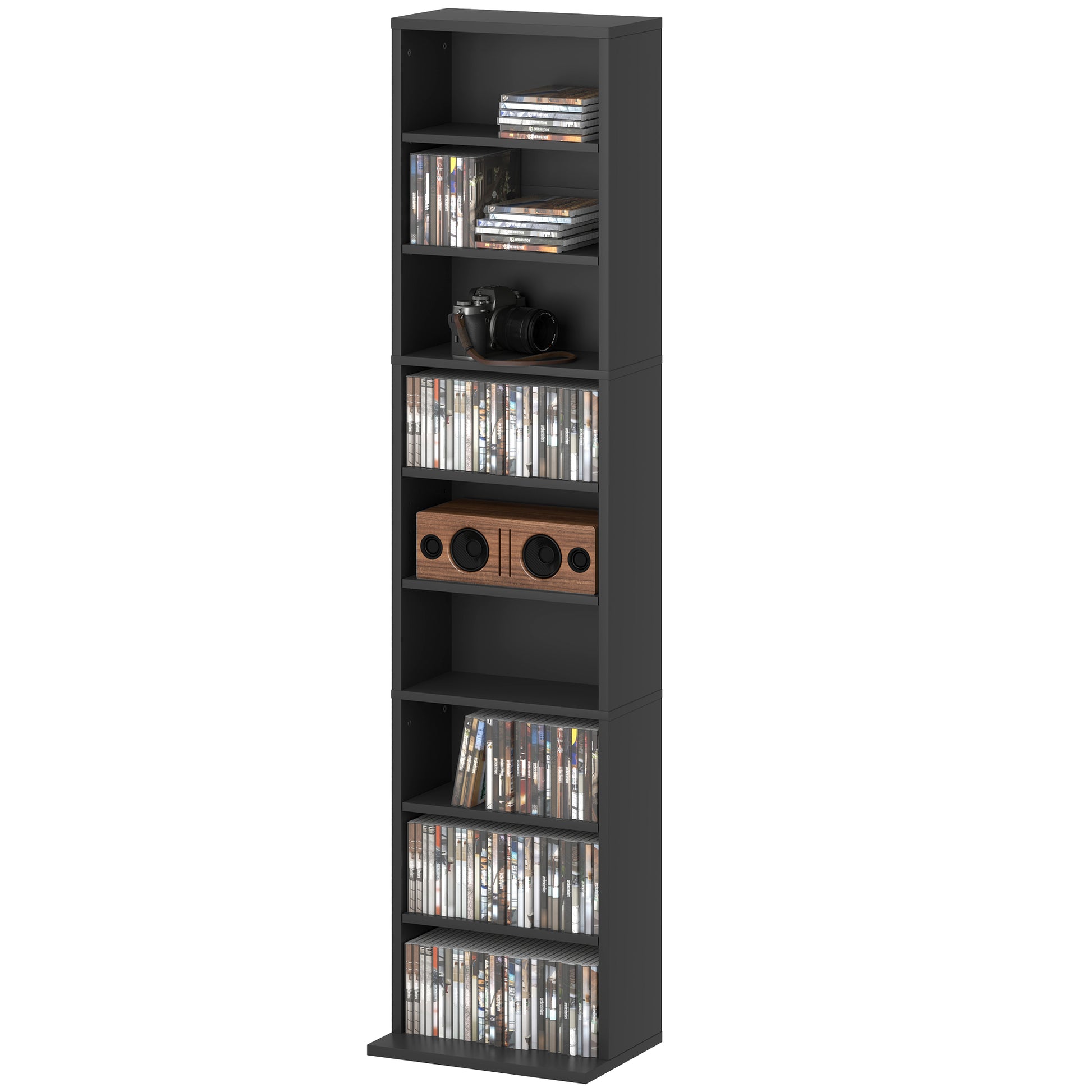 Media Storage Cabinet, 9-Tier Tall Narrow DVD Shelf with 6 Adjustable Shelves, Black