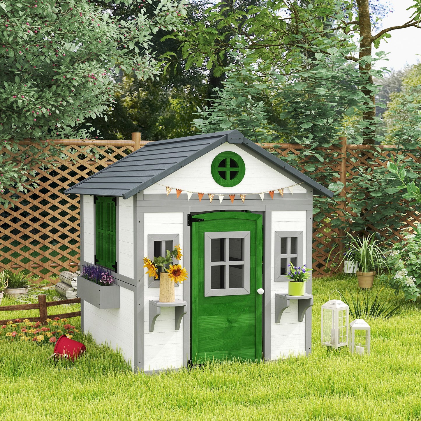 Wooden Playhouse for Kids Outdoor with Door, Windows, Planter Pots and Boxes for Toddlers 3-8 Years, White