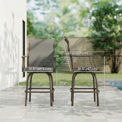 Outdoor Bar Stools Set of 2, Swivel Bar Height Chairs with High Back, Curved Armrests and Steel Frame, Black