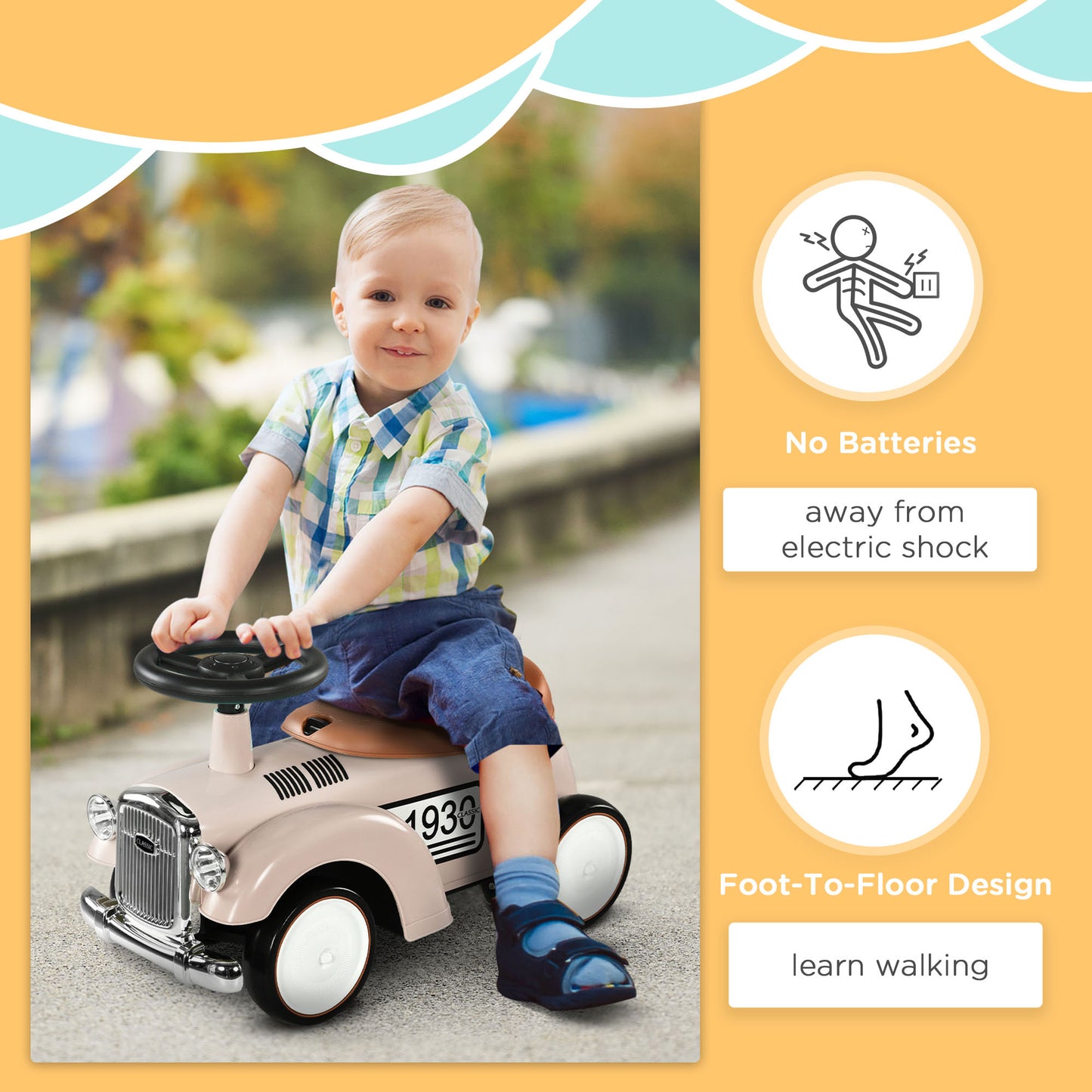 Aosom Ride on Sliding Classic Car for Toddlers, Foot To Floor Slider with Under Seat Storage, Aged 18-36 Months, Cream White