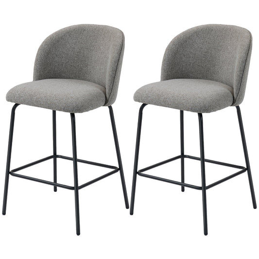 Set of 2 Counter Height Barstools, Upholstered Linen Bar Stools with Backrest, Footrest and Steel Legs, Dark Grey