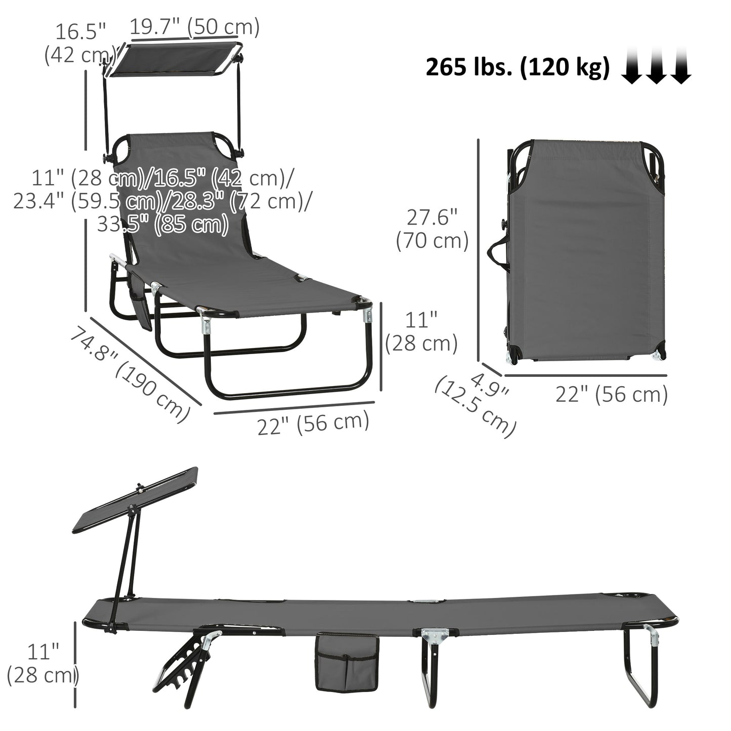 2 Piece Folding Outdoor Chaise Lounges, Pool Tanning Chairs with Reclining Back, Sunshade for Beach, Patio, Dark Grey