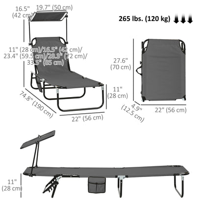 2 Piece Folding Outdoor Chaise Lounges, Pool Tanning Chairs with Reclining Back, Sunshade for Beach, Patio, Dark Grey