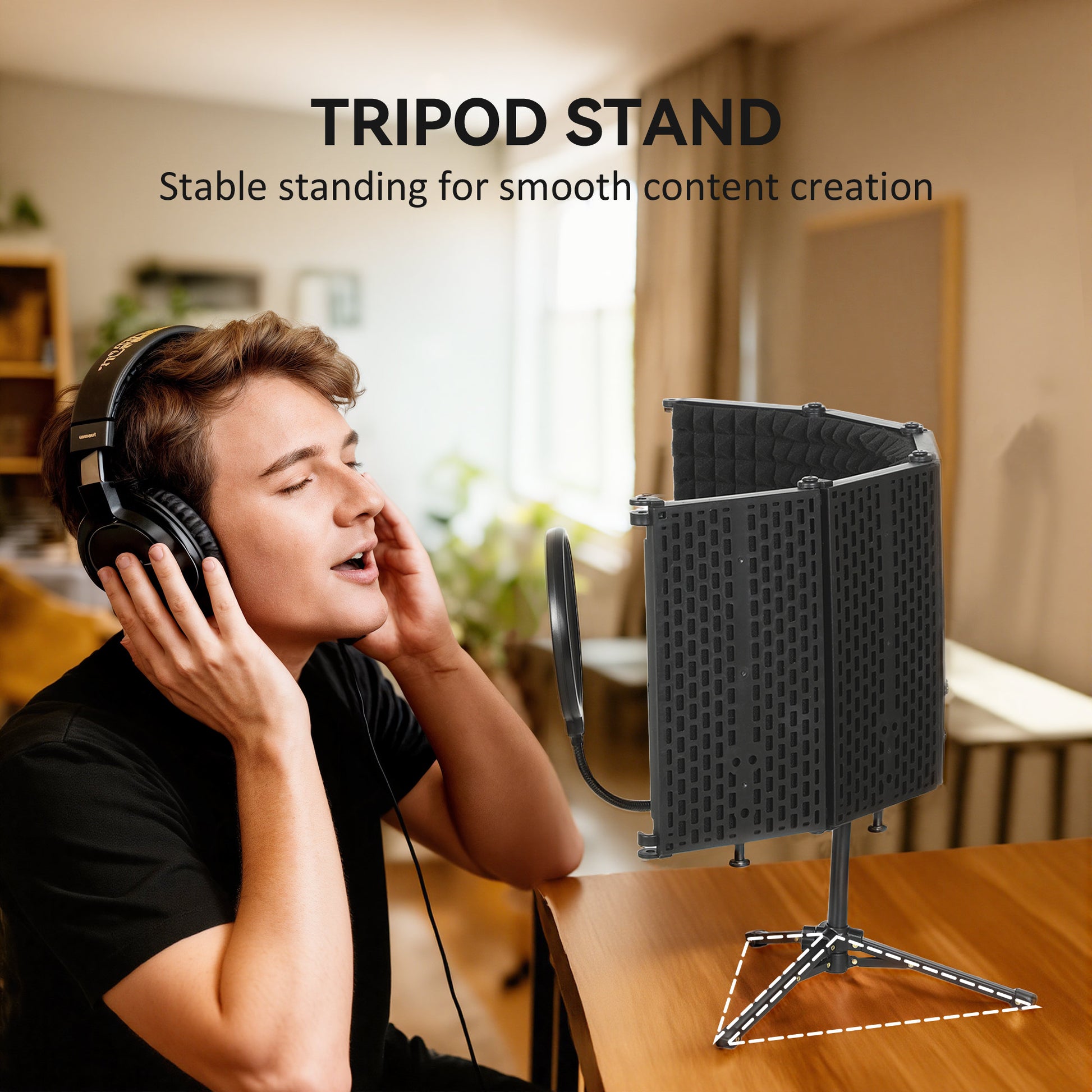 Foldable Studio Recording Microphone Isolation Shield with Pop Filter, Stand, 3/8" Threaded Mount, Black