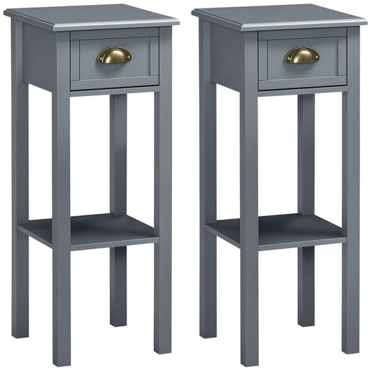Bedside Table Set of 2, Narrow Side Table with Drawer and Shelf, 2 Tier Tall Nightstand for Bedroom, Grey