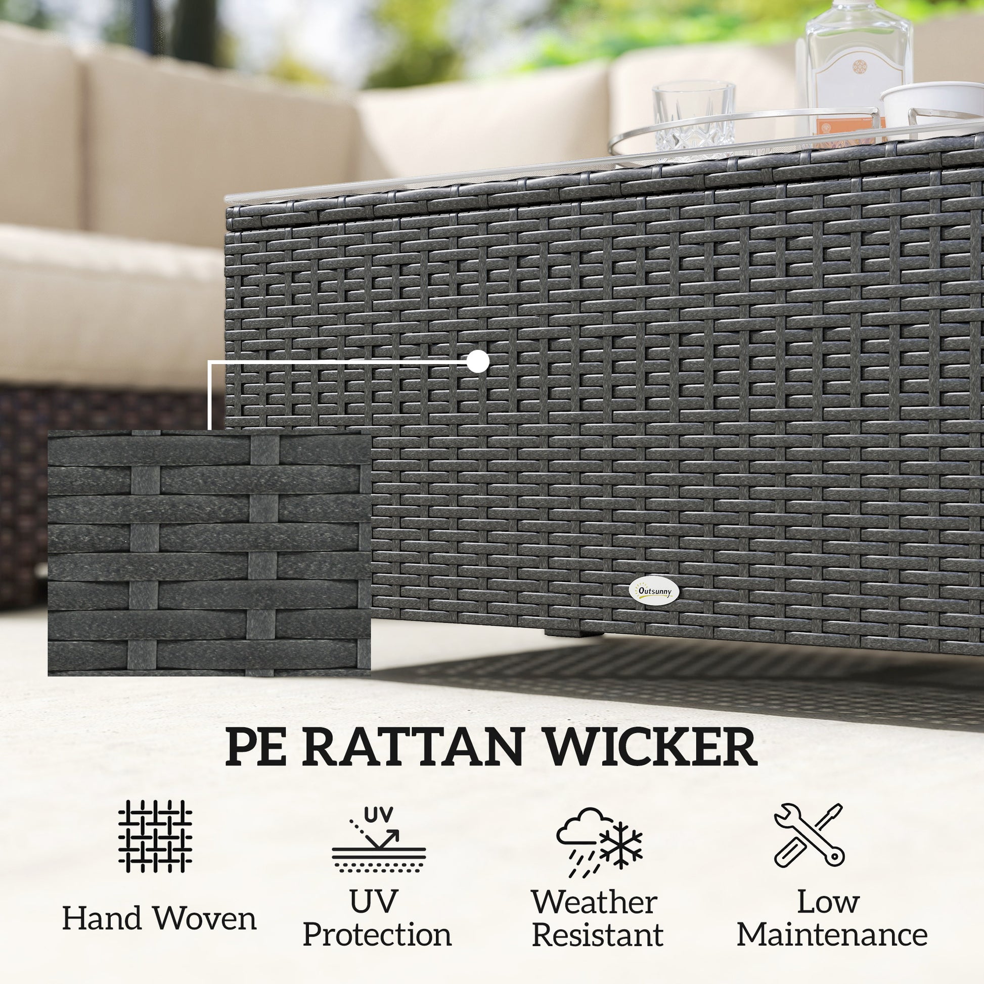 PE Wicker Outdoor Coffee Table with Glass Top Garden Patio Table, Dark Grey