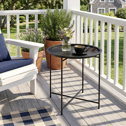 18" Outdoor Side Table with Removable Tray and Folding Legs, Indoor Outdoor for Balcony, Porch, Black