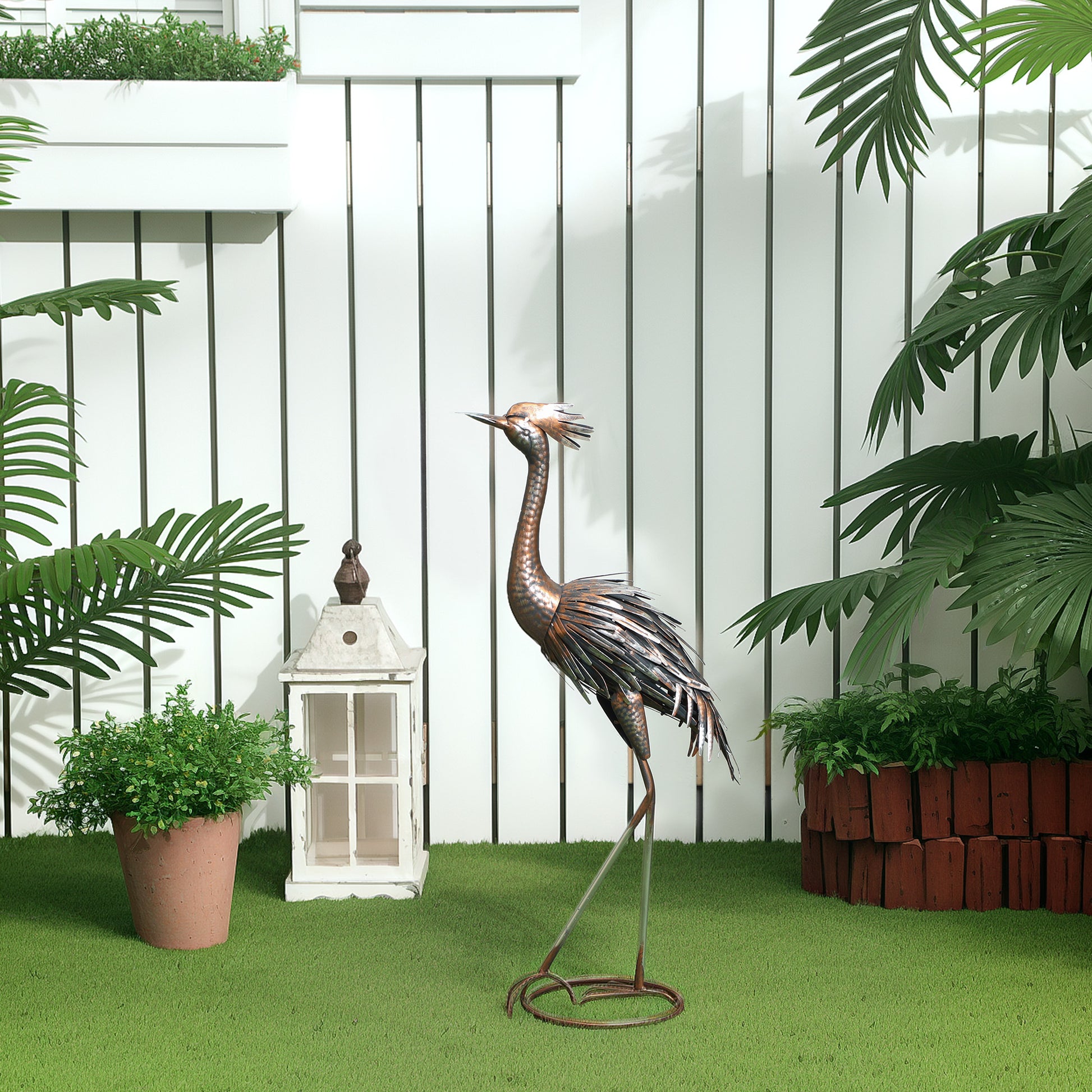 Garden Statue Heron Standing Lawn Sculpture Statue Ornament with Stakes for Lawn 12.2"W x 7.1"D x 28"H Silver Tone