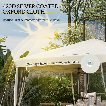 10' x 10' Pop Up Canopy Tent Gazebo, Foldable Canopy Tent with Zipper Mesh Sidewalls and Carry Bag, Easy Setup Screen Shelter for Backyard Patio Outdoor, Beige
