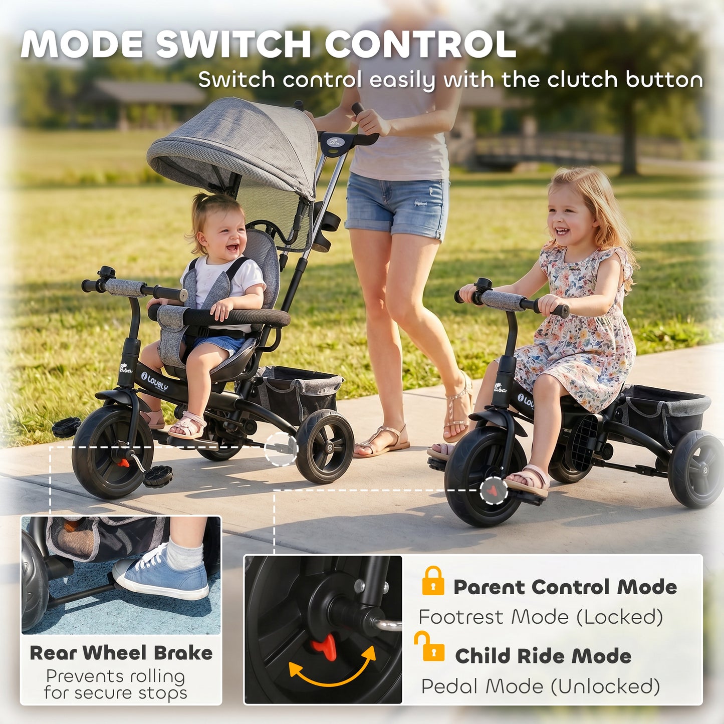 Qaba 6 in 1 Toddler Tricycle Stroller with Basket, Canopy, 5-point Safety Harness, for 12-60 Months, Grey
