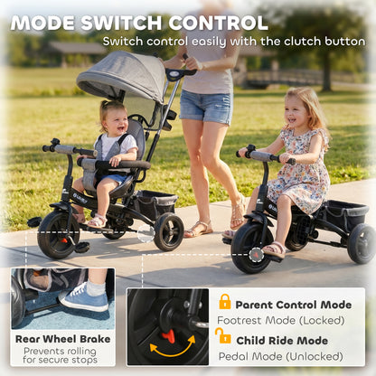 Qaba 6 in 1 Toddler Tricycle Stroller with Basket, Canopy, 5-point Safety Harness, for 12-60 Months, Grey