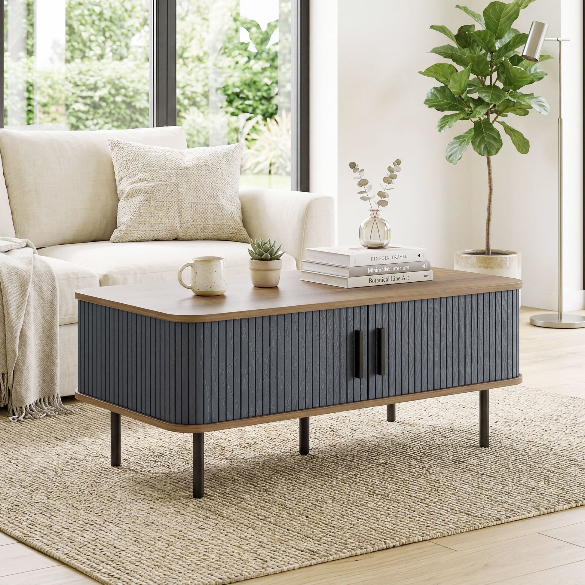 Nordic Side Table with Fluted Tambour Sliding Doors and Steel Legs, Coffee Table with Storage for Living Room, Black