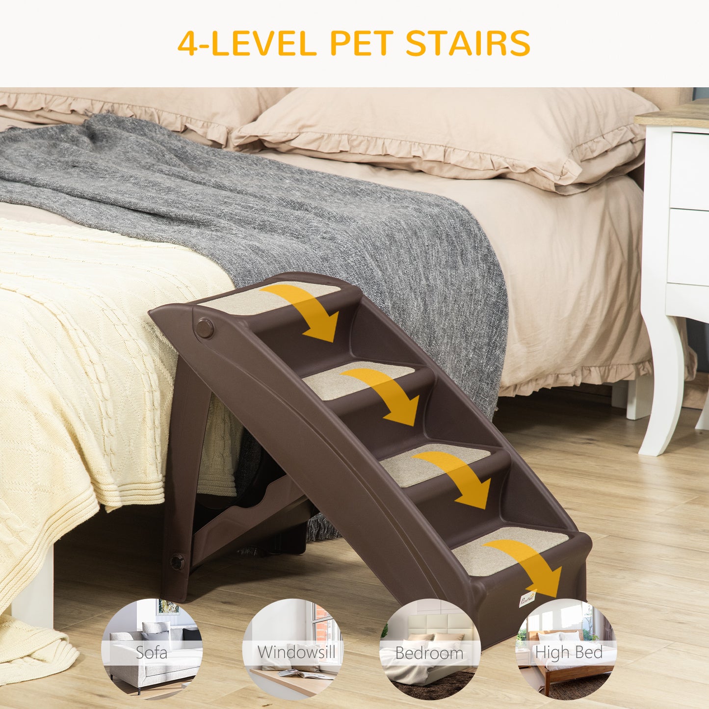 4-Level Portable Pet Stairs, Foldable Dog Ramp, Lightweight Cat Steps, with Nonslip Soft Mats, for High Bed, Sofa, Up to 44 lbs, Dark Brown
