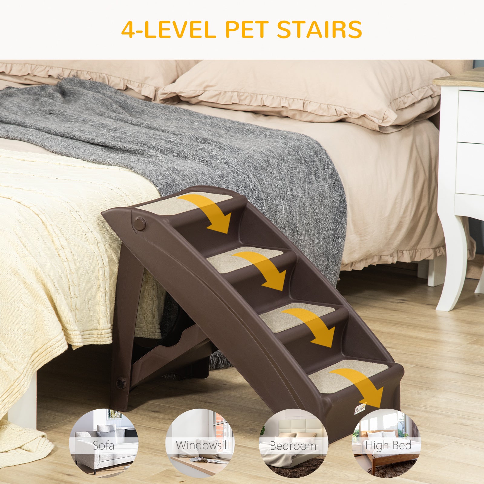 4-Level Portable Pet Stairs, Foldable Dog Ramp, Lightweight Cat Steps, with Nonslip Soft Mats, for High Bed, Sofa, Up to 44 lbs, Dark Brown