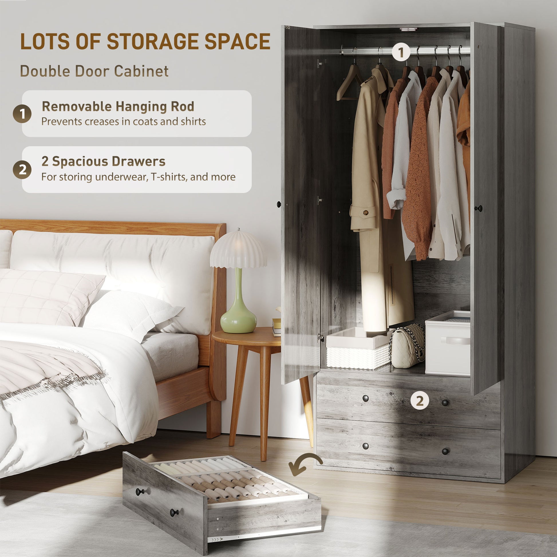 Modern Wardrobe Closet Armoire with 2 Drawers and Hanging Rod, Clothes Storage Organizer for Bedroom, Grey