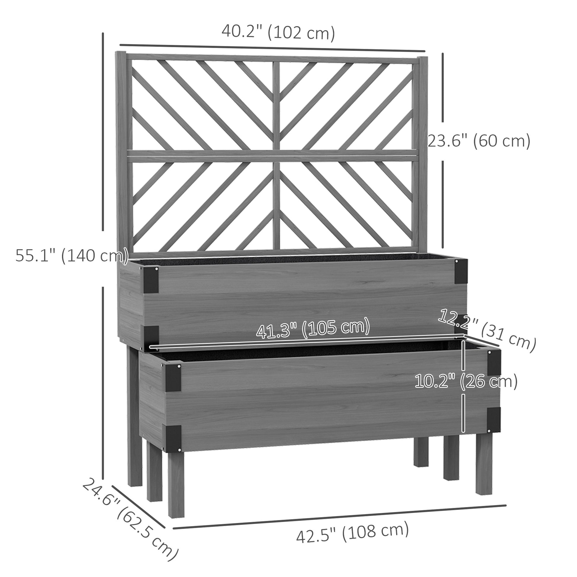 Raised Garden Bed with Trellis, 2 Tier Wooden Elevated Planter Box for Vegetables, Flowers, Herbs, Grey