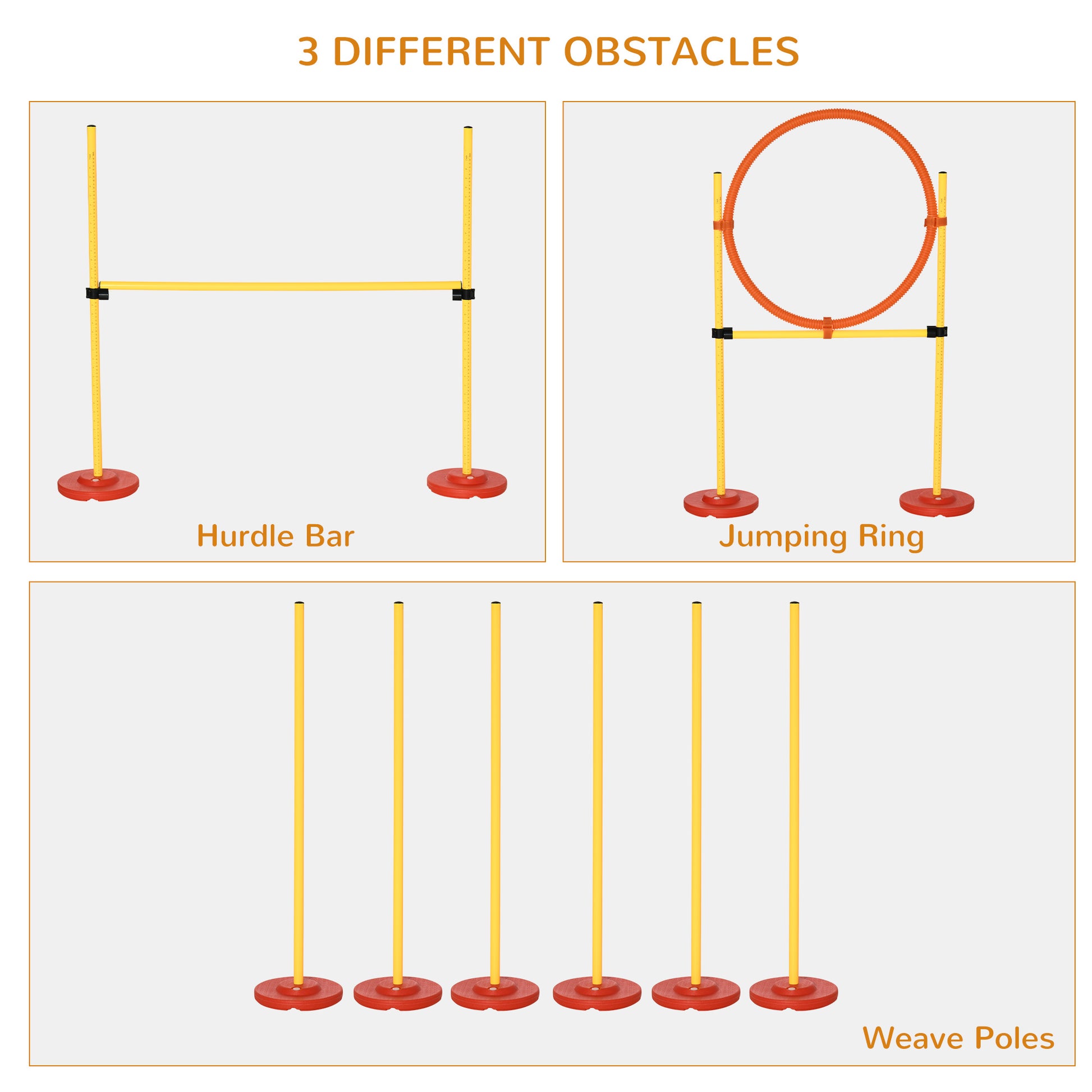 3PCs Portable Pet Agility Training Obstacle Set for Dogs w/ Adjustable Weave Pole, Jumping Ring, Adjustable High Jump