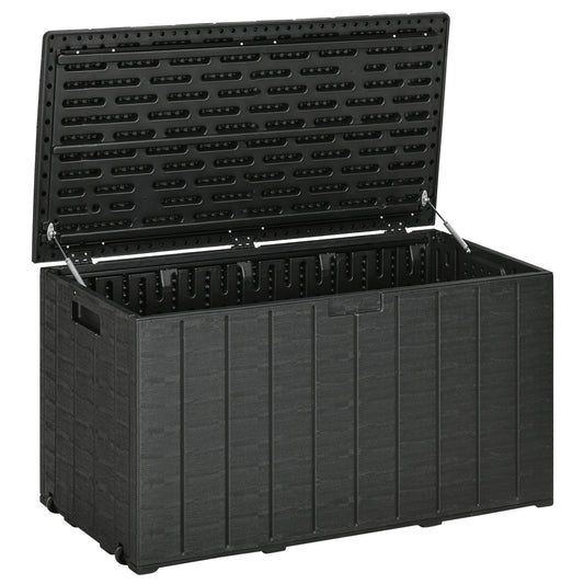 81 Gallon Garden Storage Box, Waterproof Double Wall Storage Container with Wheels and Handles, Black