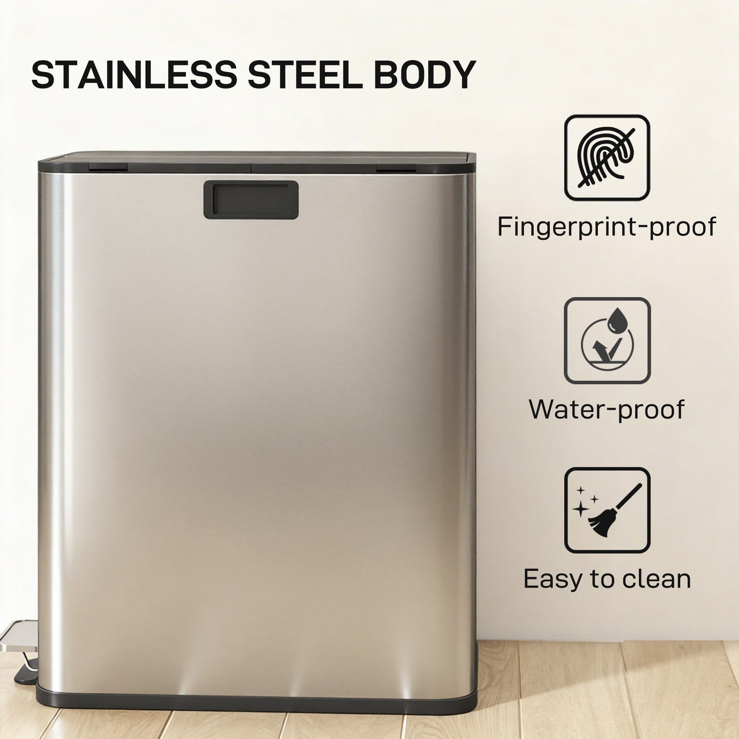 Dual Trash Can with Soft-Close Lid, Garbage Can with Removable Inner Bucket for Kitchen 14.8gal, Silver