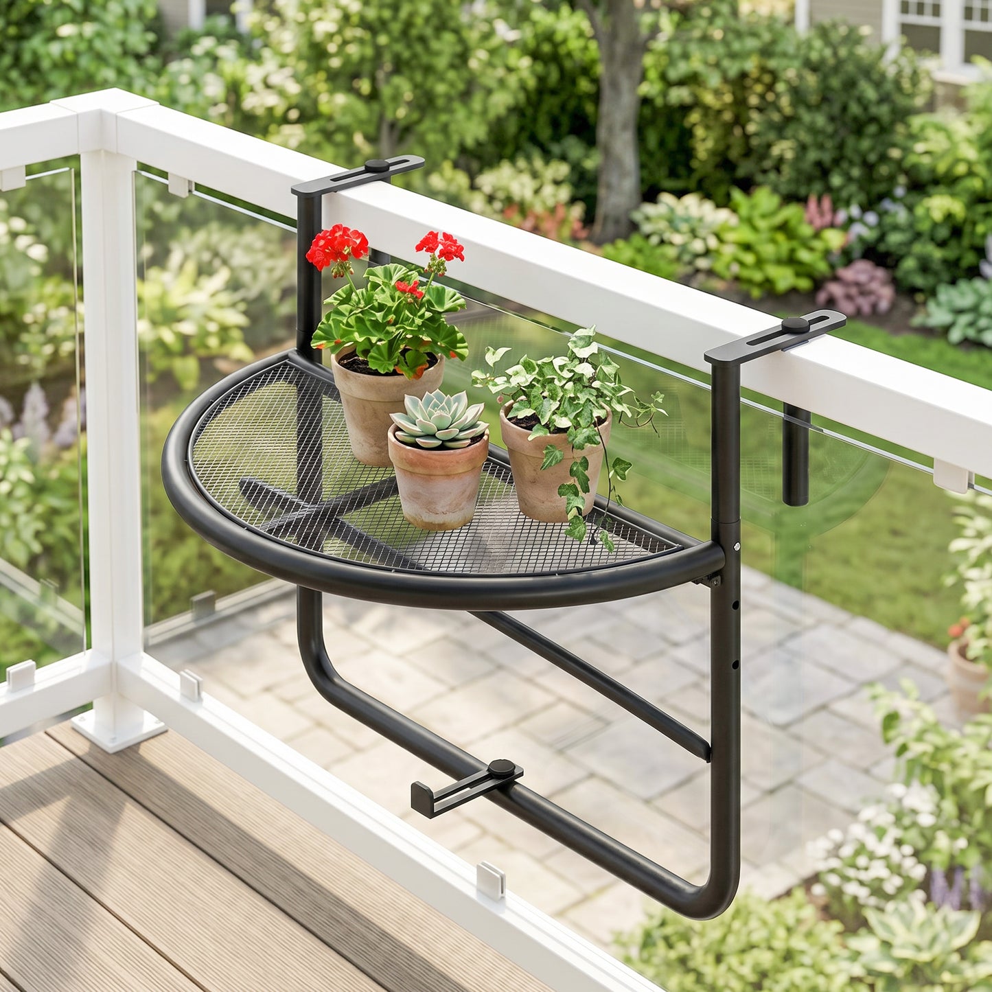 Adjustable Balcony Hanging Rail Table Metal Mounting Mini Wall Desk Storage Rack Outdoor Flower Stand, Black