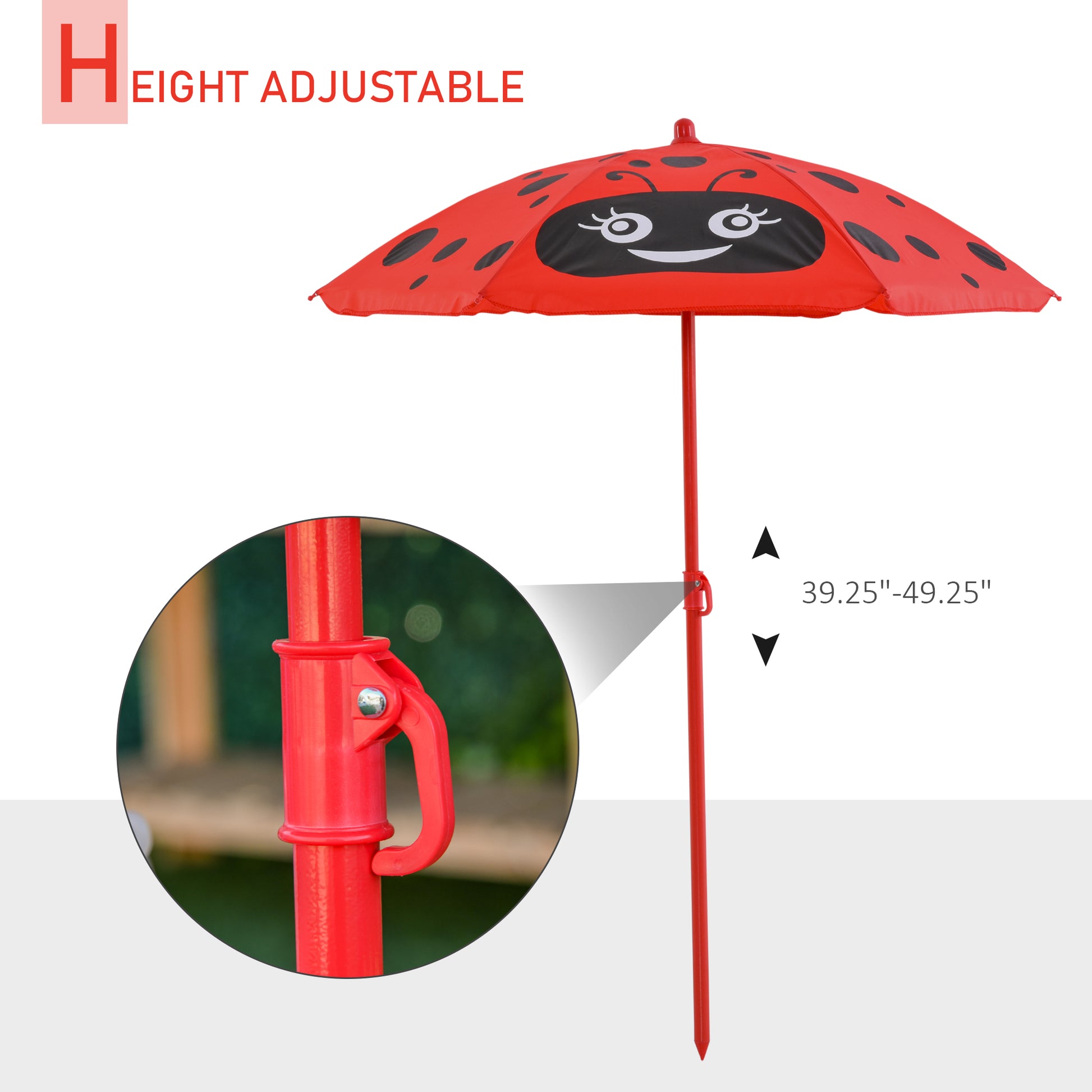 Children Table and Chair Set Outdoor, Kids Folding Picnic Table and Chair Set with Removable & Height Adjustable Sun Umbrella for Garden Backyard, Ladybug Pattern, Red