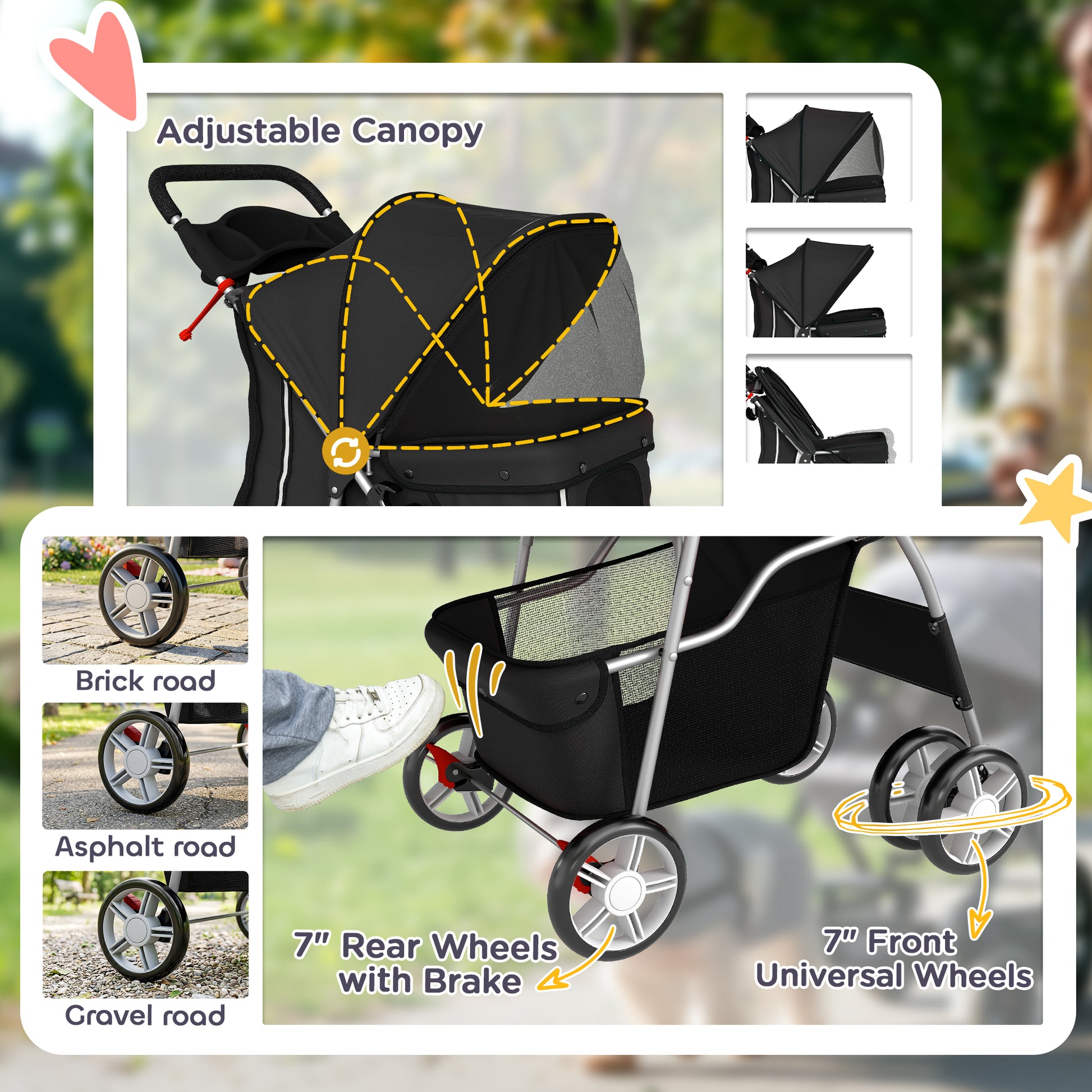 Pet Stroller with Reflective Strips, Foldable Cat Stroller with 360° Swivel Wheels for Small Dogs and Cats, Black