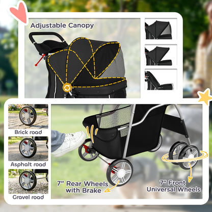 Pet Stroller with Reflective Strips, Foldable Cat Stroller with 360° Swivel Wheels for Small Dogs and Cats, Black