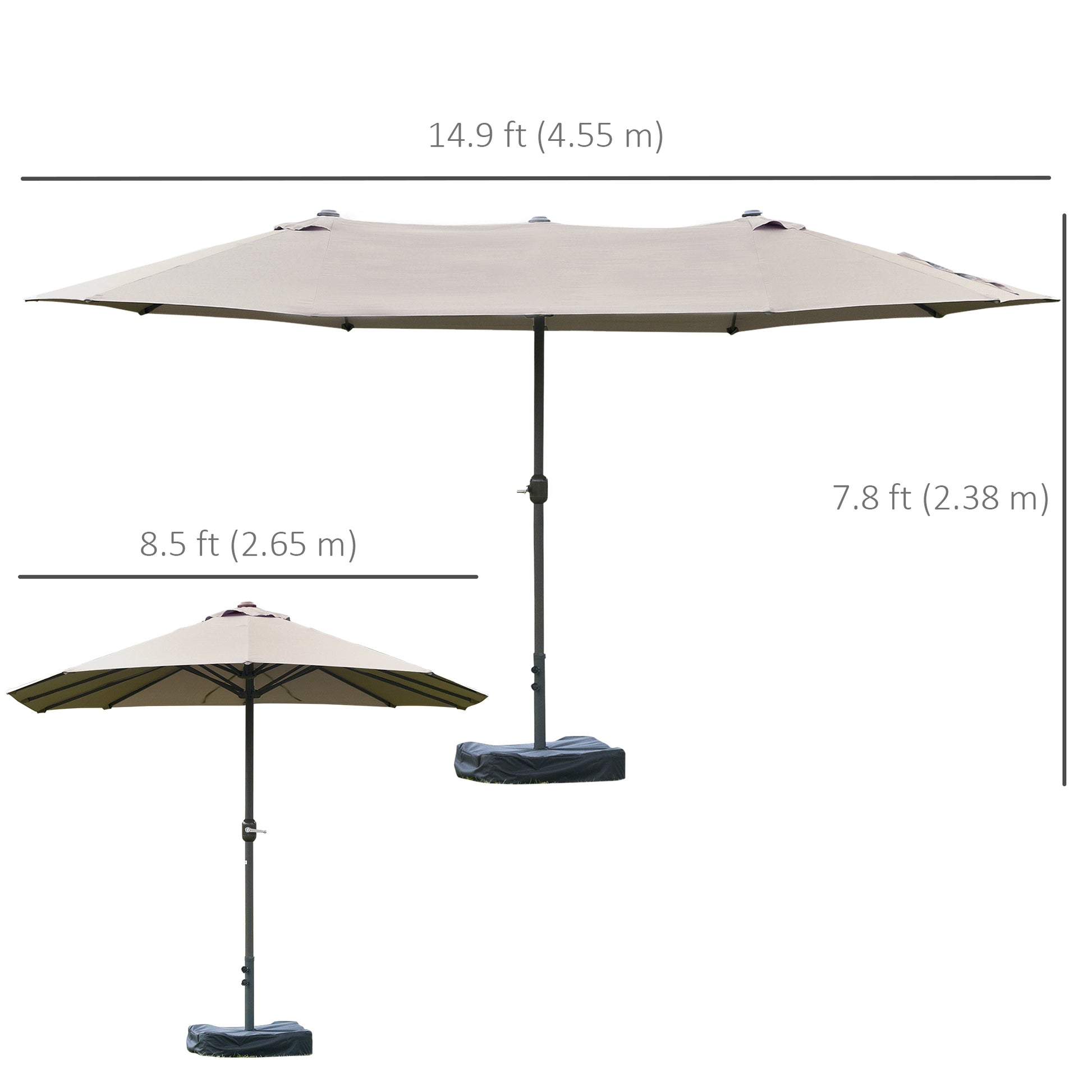 15' Outdoor Patio Umbrella with Twin Canopy Sunshade Steel Table Umbrella w/ Lift Crank, Cross base, Sandbag, Light Grey