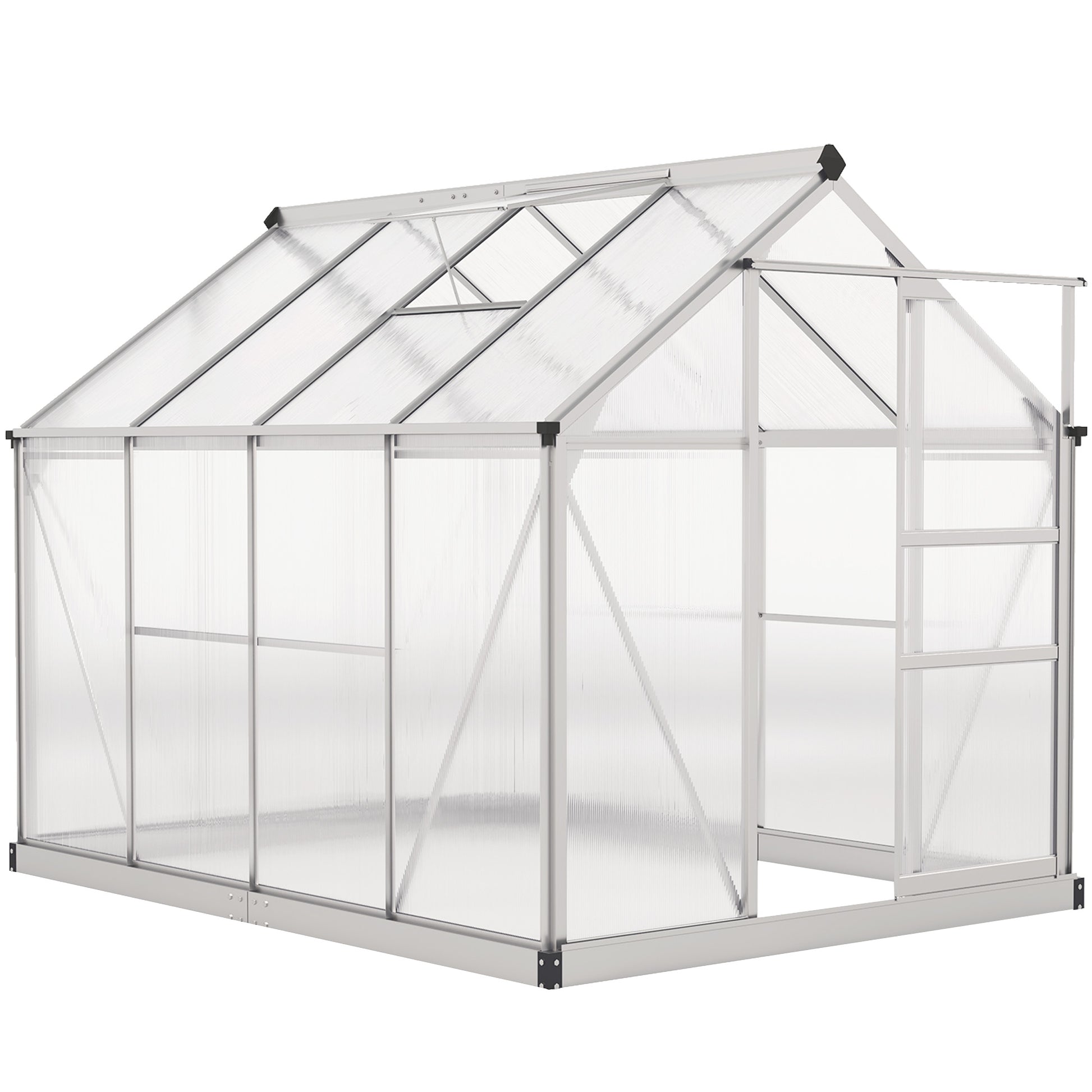 6' x 8' x 6.6' Polycarbonate Greenhouse, Walk-In Green House Kit Garden, Plants Grow, Galvanized Sheet Aluminum Frame with Rain Gutter, Vent and Sliding Door, Silver