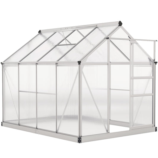 6' x 8' x 6.6' Polycarbonate Greenhouse, Walk-In Green House Kit Garden, Plants Grow, Galvanized Sheet Aluminum Frame with Rain Gutter, Vent and Sliding Door, Silver
