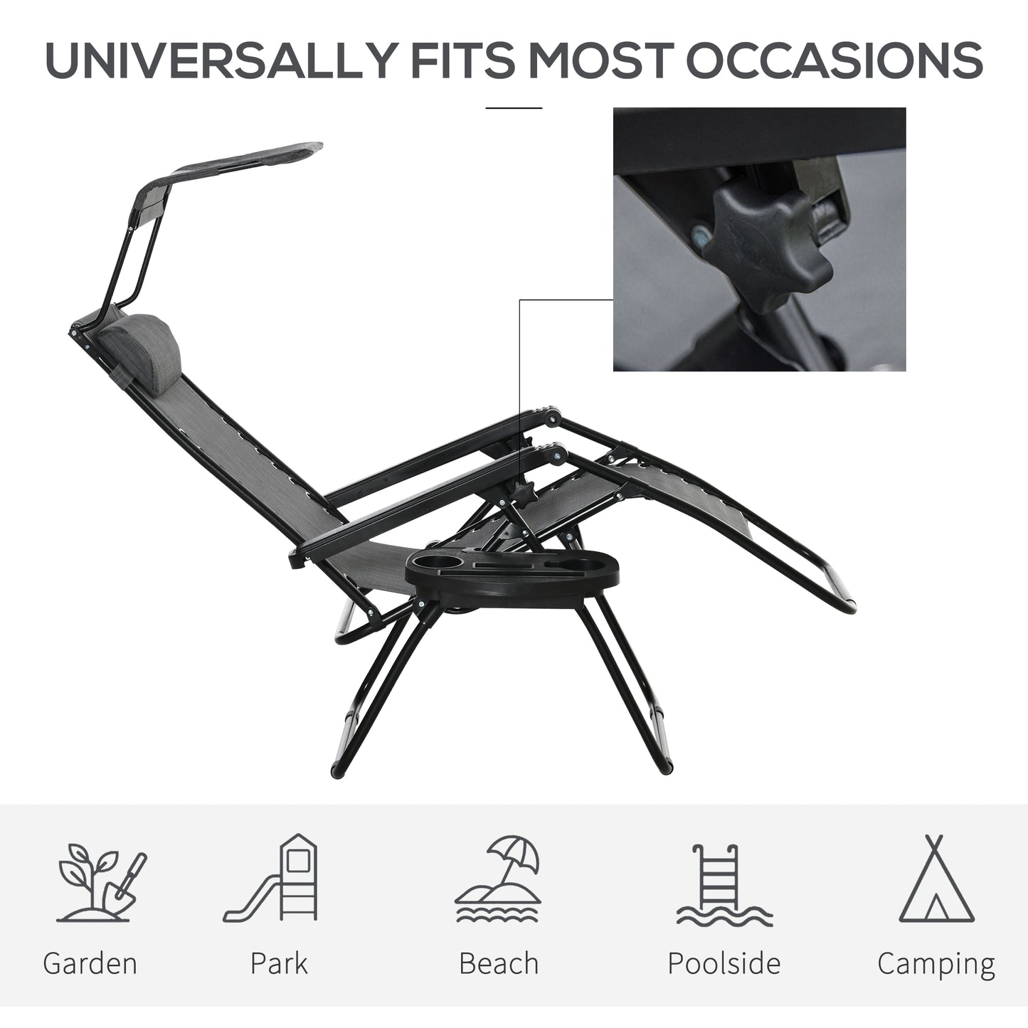 Outdoor Zero Gravity Reclining Lounger Chair with Canopy Shade, Side Tray, Cupholder, Light Grey