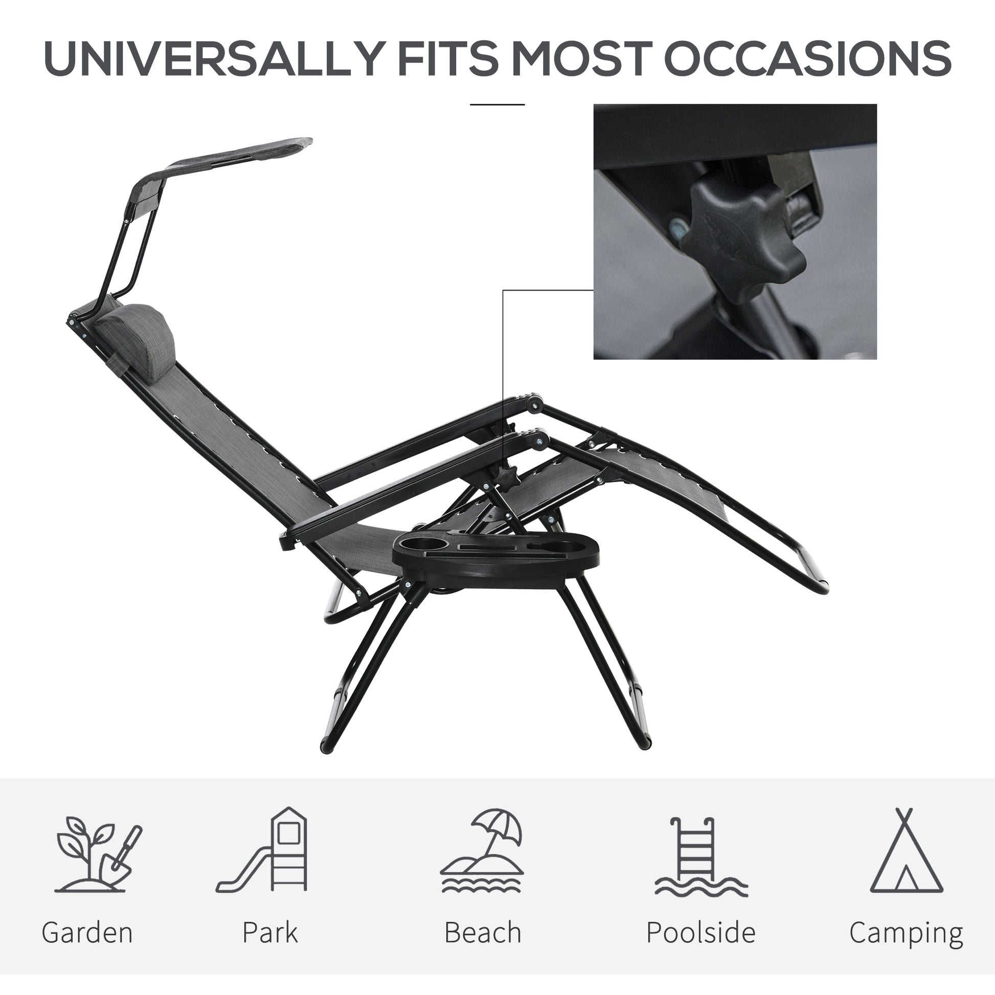 Outdoor Zero Gravity Reclining Lounger Chair with Canopy Shade, Side Tray, Cupholder, Light Grey