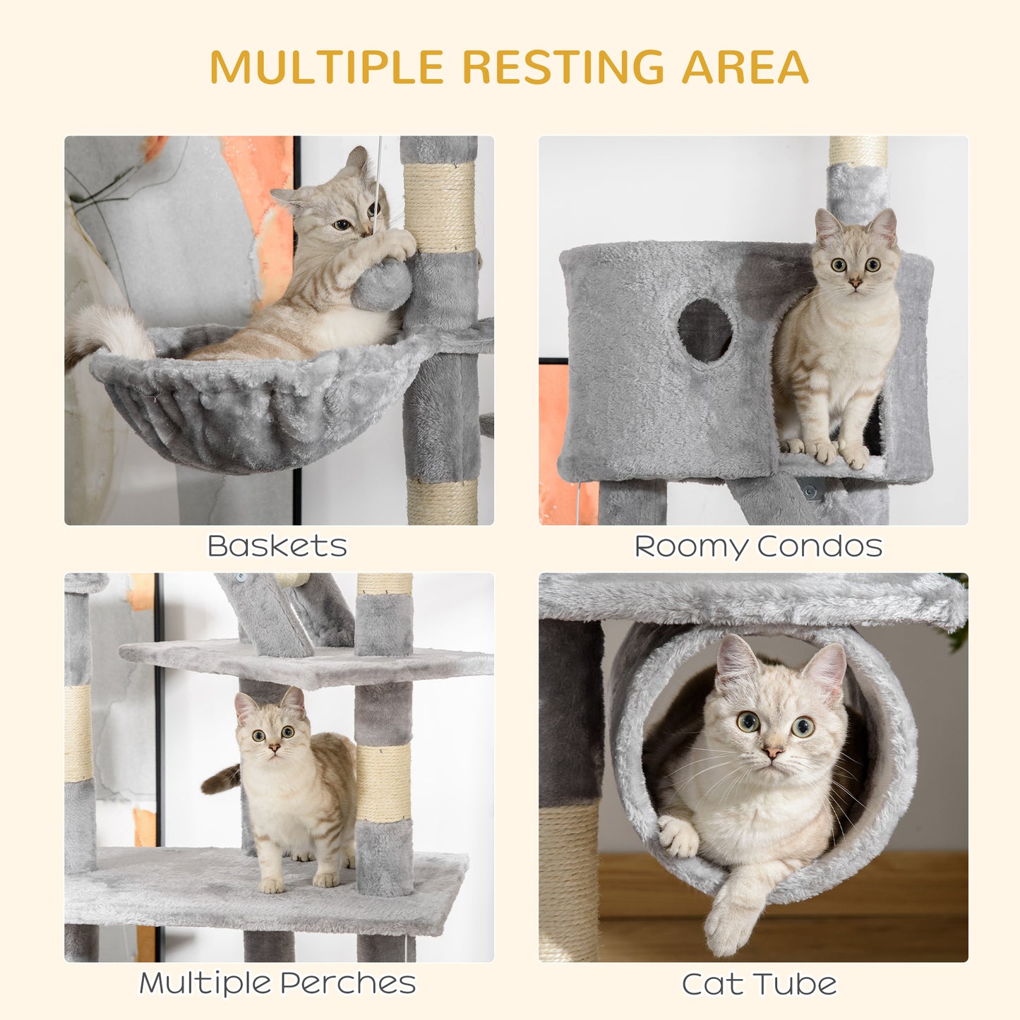 94"-102" Huge Cat Tree Ceiling High Cat Condo Scratching Post Activity Center Multi-Level Play House Light Grey