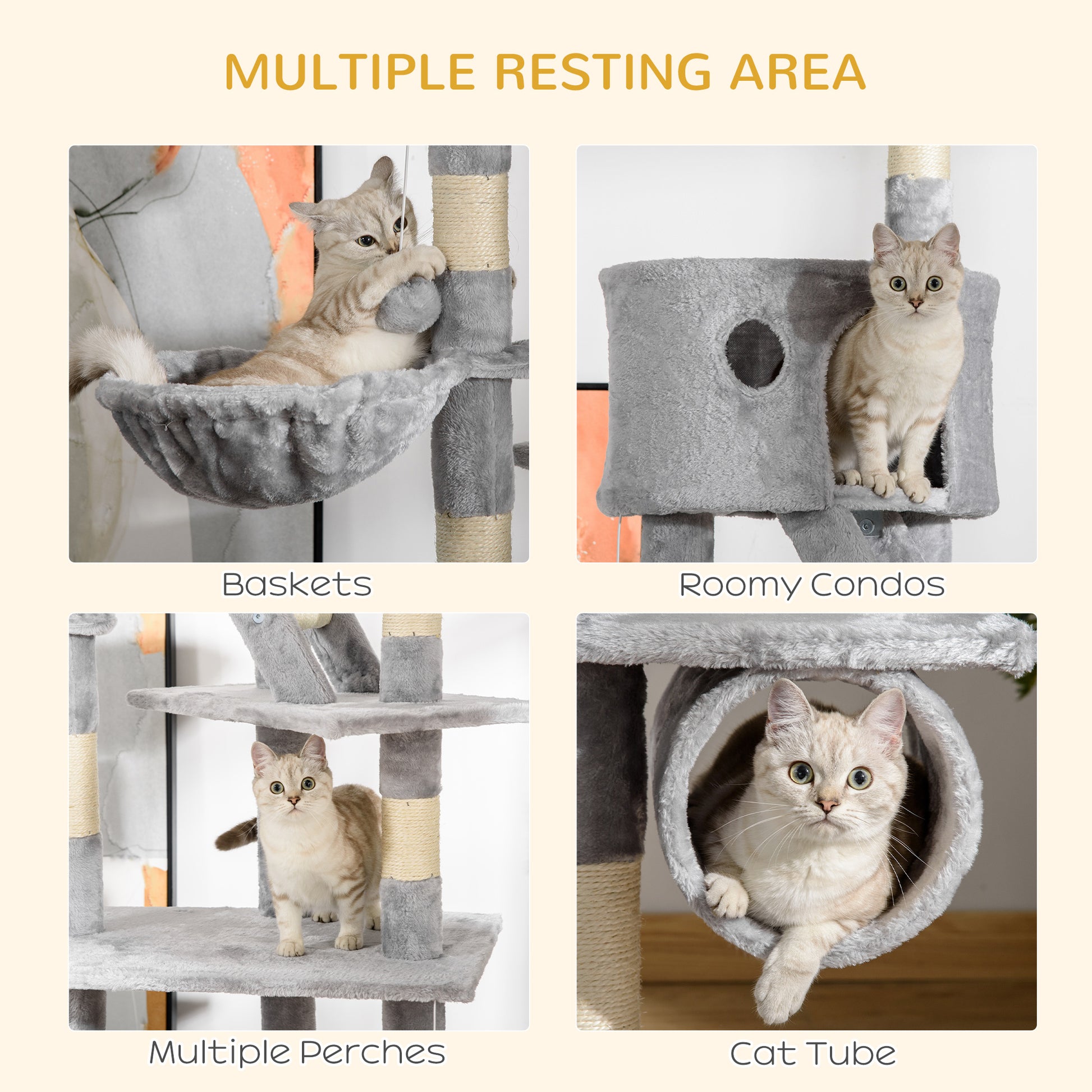 94"-102" Huge Cat Tree Ceiling High Cat Condo Scratching Post Activity Center Multi-Level Play House Light Grey
